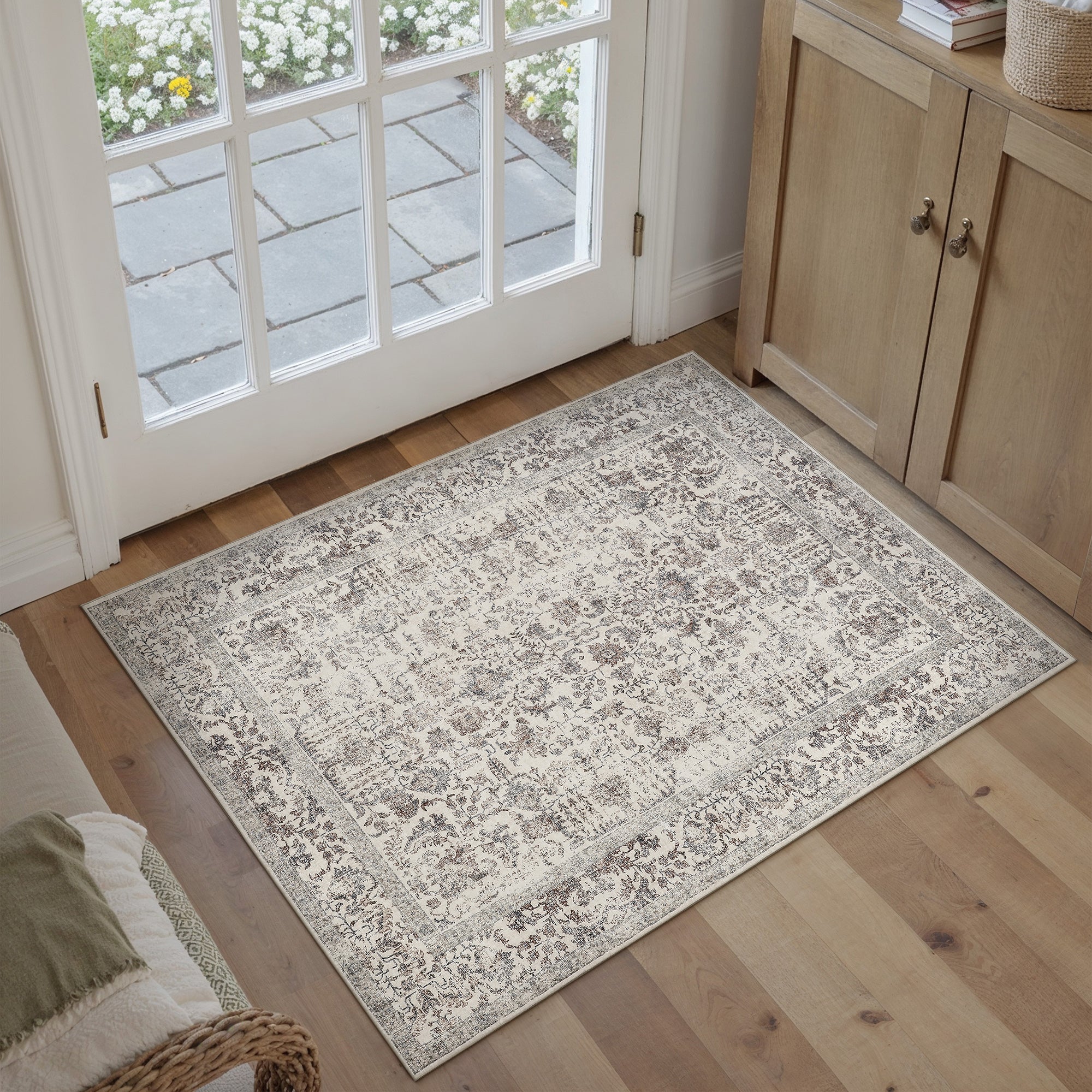 Sylva Vintage Persian Floral Taupe Distressed Washable Rug – PureCozy