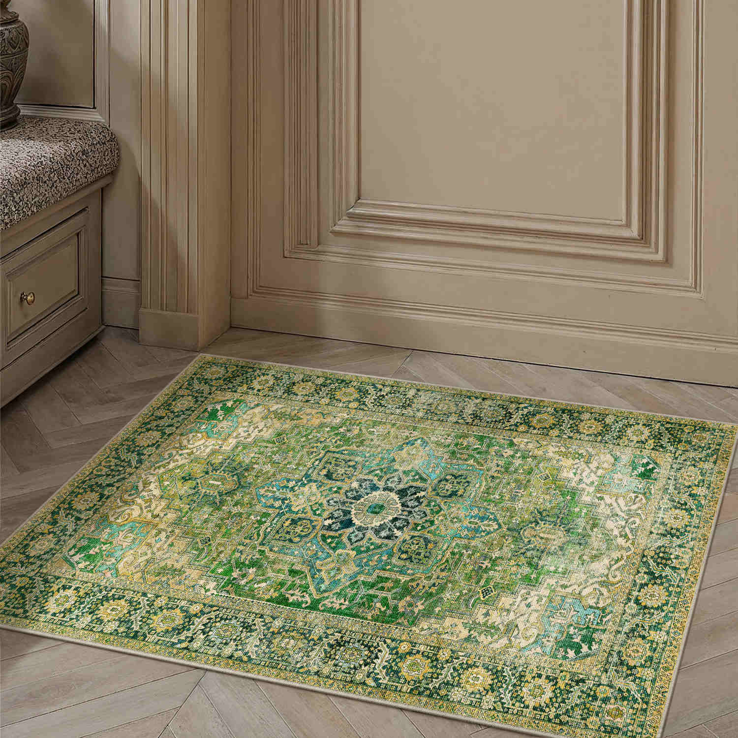 Emerald Lake Vintage Persian Medallion Green Short Pile Washable