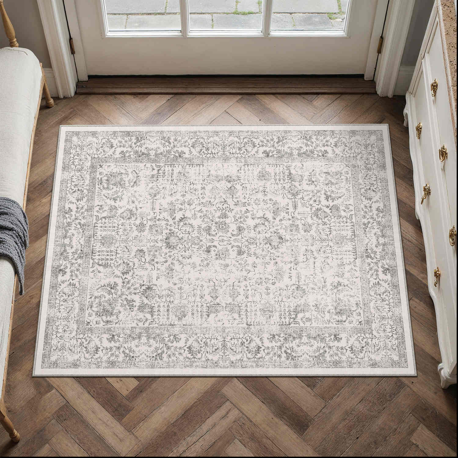 Sylva Vintage Persian Floral Gray Distressed Washable Rug – PureCozy