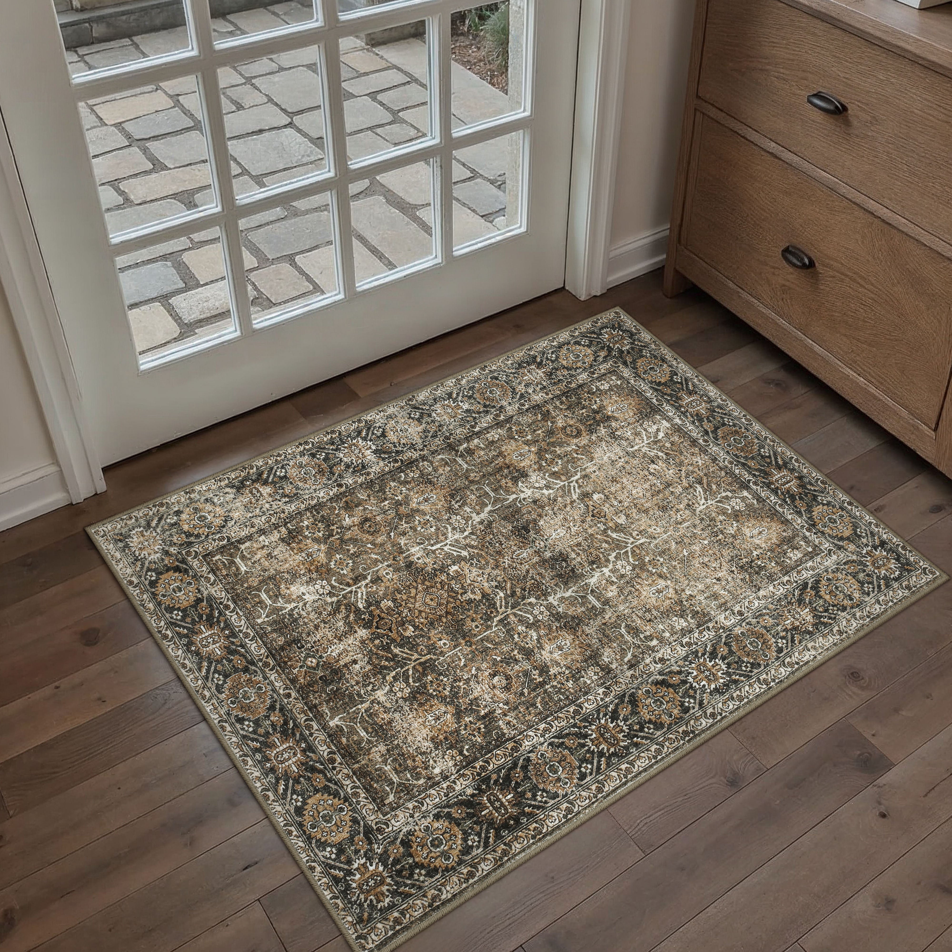 Selma Persian Vintage Brown Short Pile Distressed Washable Rug