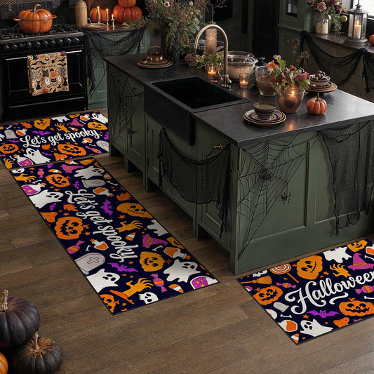 Halloween Gathering Ghost Black Washable Kitchen Mats Set