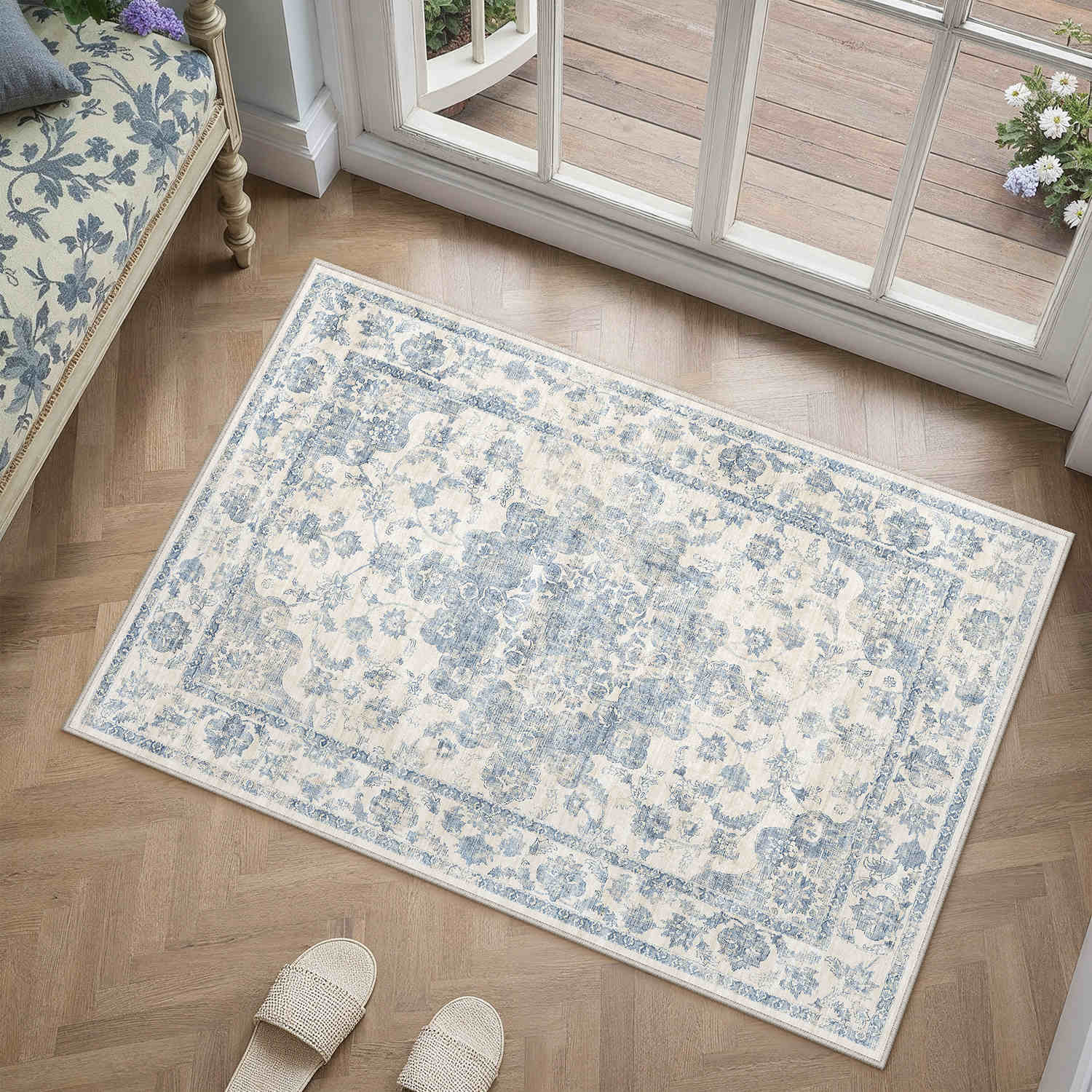 Juliet Vintage Floral Blue Short Pile Traditional Washable Rug