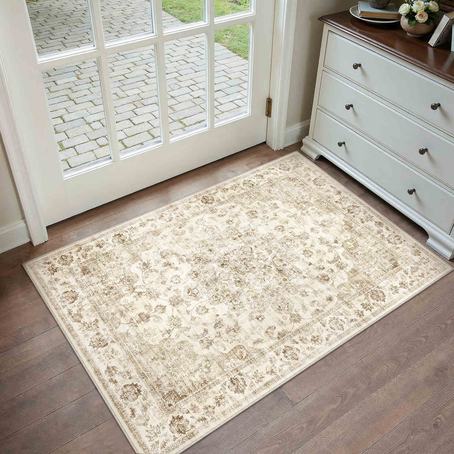 Juliet Vintage Floral Beige Short Pile Traditional Washable Rug