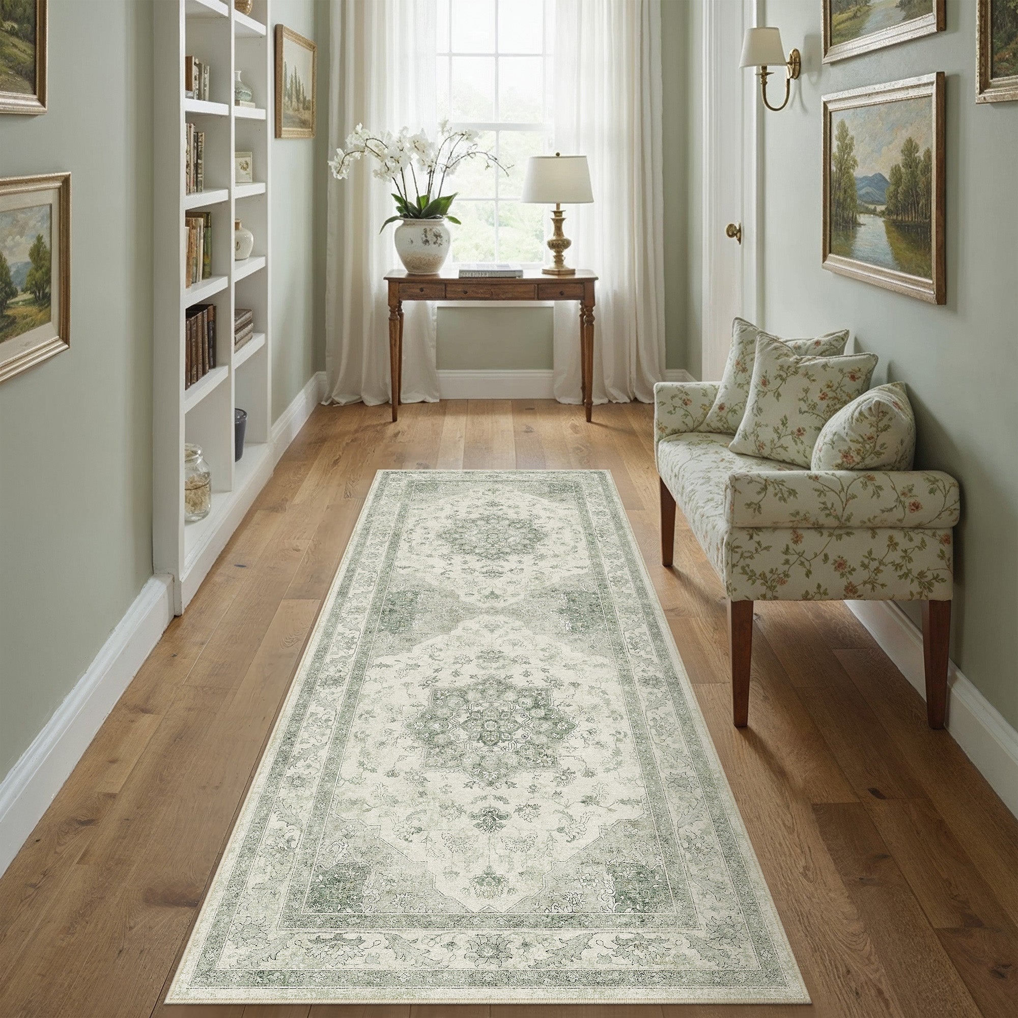 Sunburst Vintage Floral Green Traditional Machine Washable Area