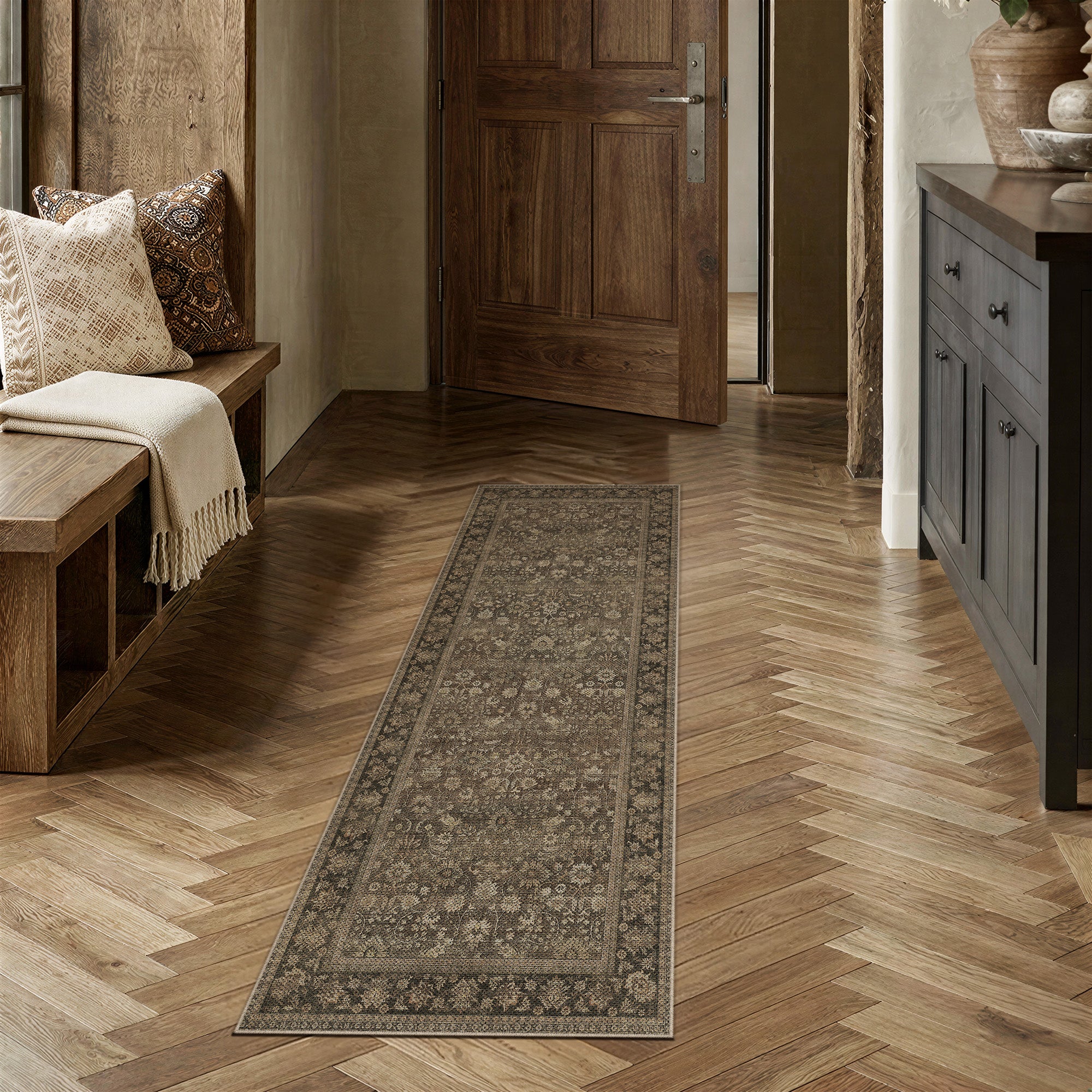 Thorned Garden Persian Vintage Brown Traditional Washable Rug