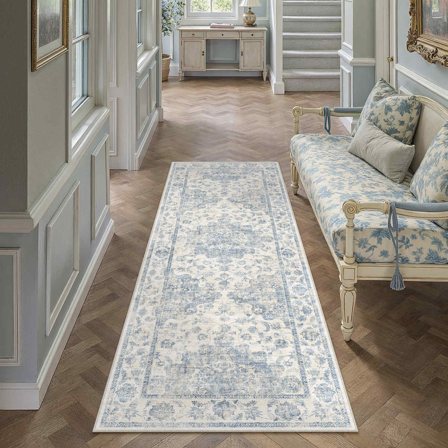Juliet Vintage Floral Blue Short Pile Traditional Washable Rug