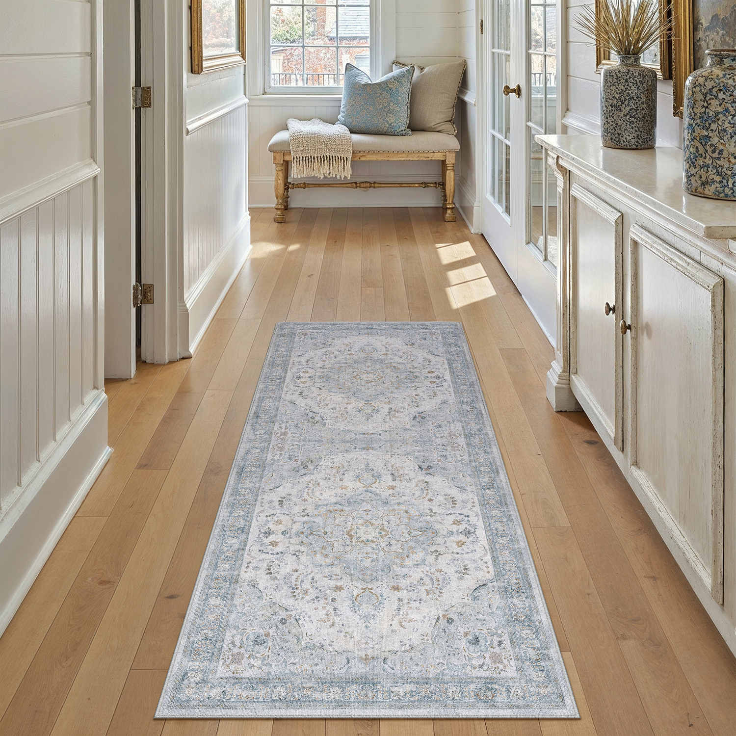 Meadow Sunburst Persian Vintage Blue Machine Washable Area Rug