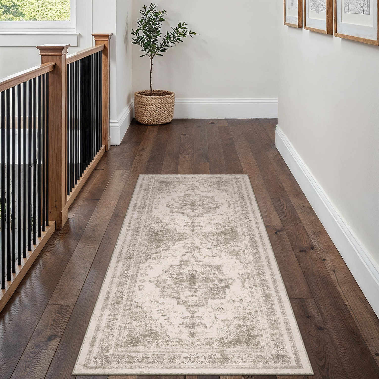 Nourah Vintage Persian Medallion Taupe Distressed Washable Rug