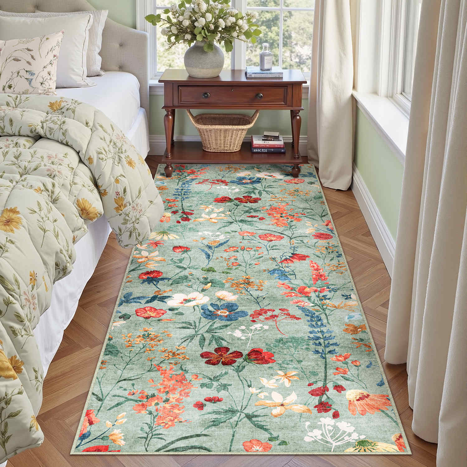April Modern Floral Green Washable Area Rug – PureCozy