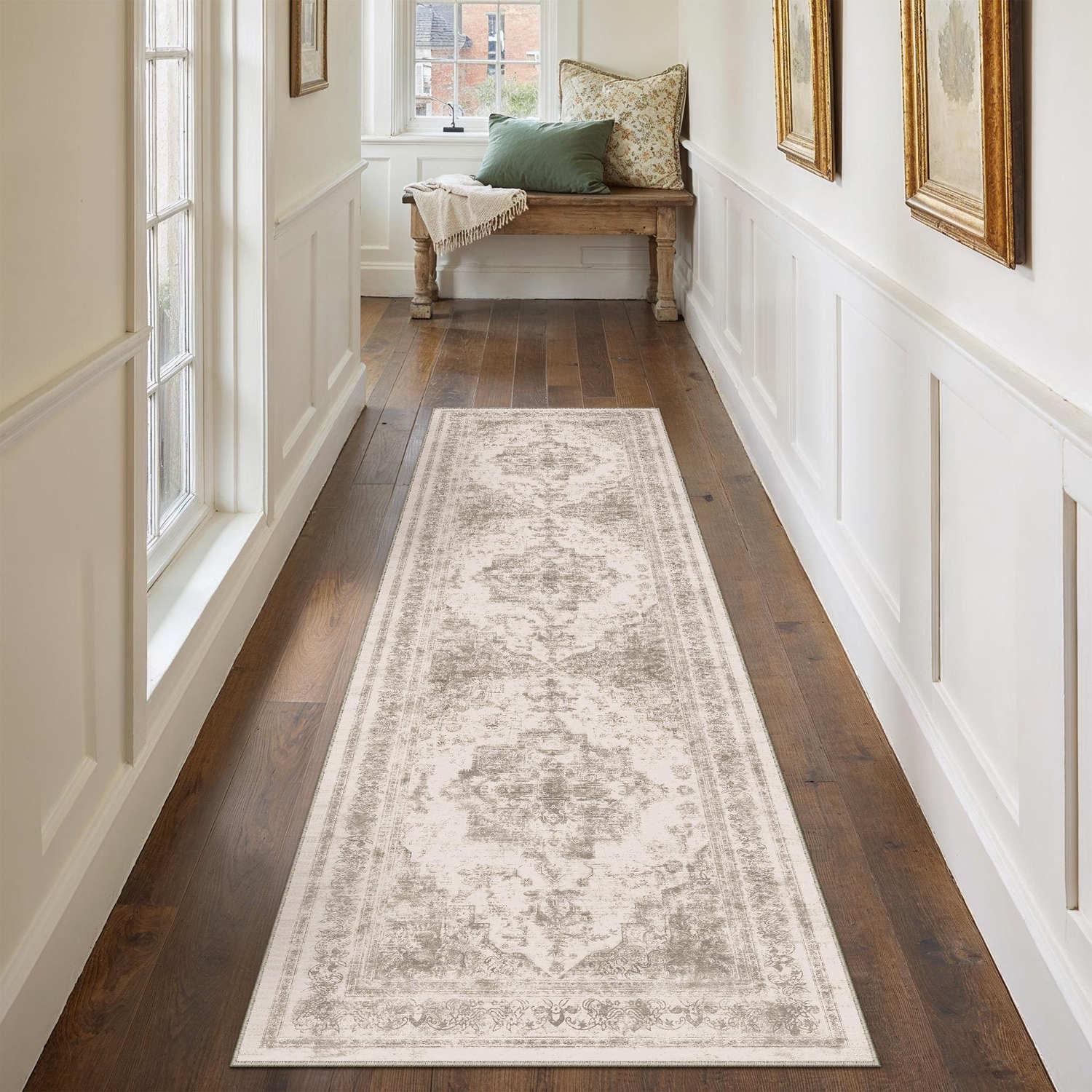 Nourah Vintage Persian Medallion Taupe Distressed Washable Rug