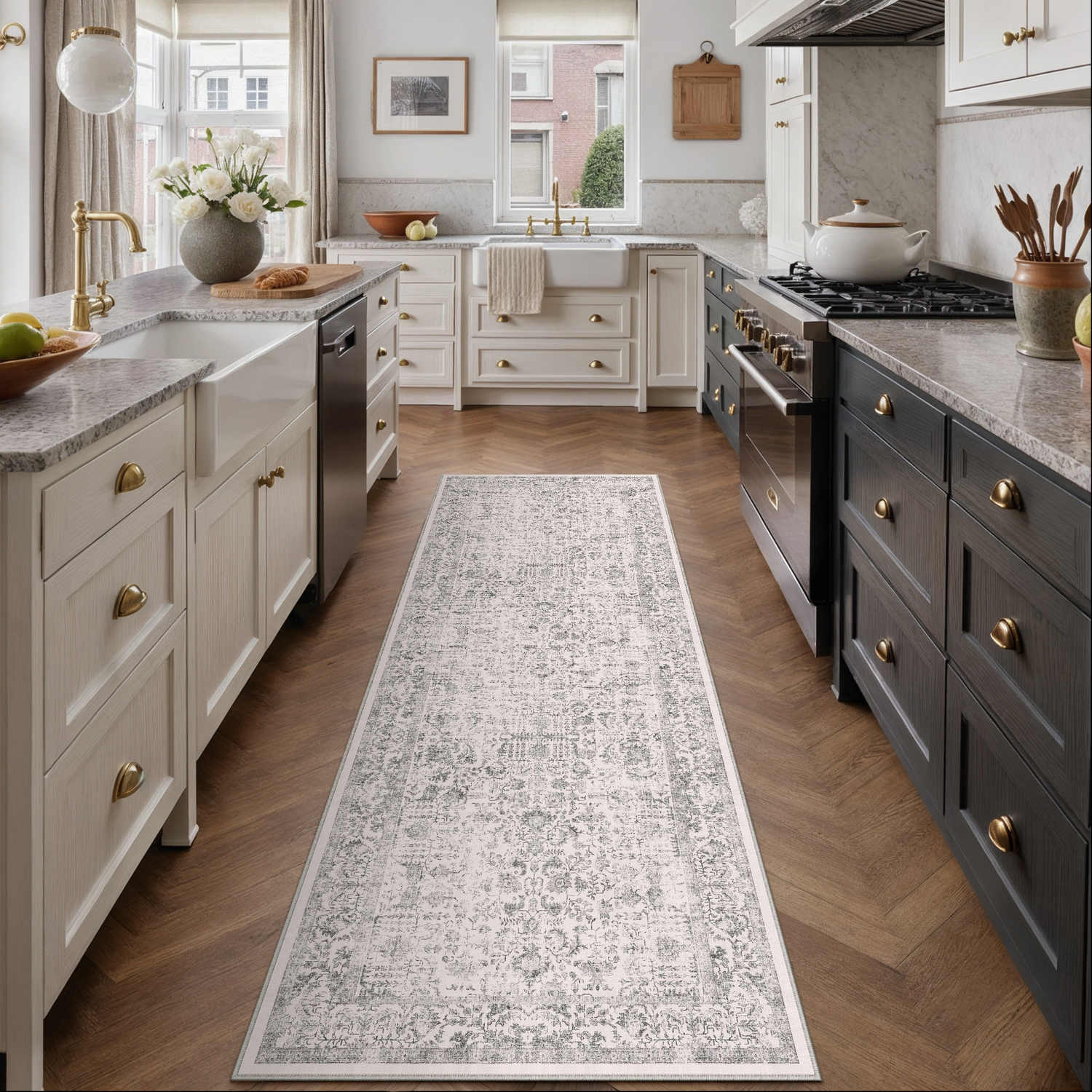 ✦vintage rug✦　138cm×70cm　インド産　ダブルノット Sylva Vintage Persian Floral Gray Distressed Washable Rug – PureCozy