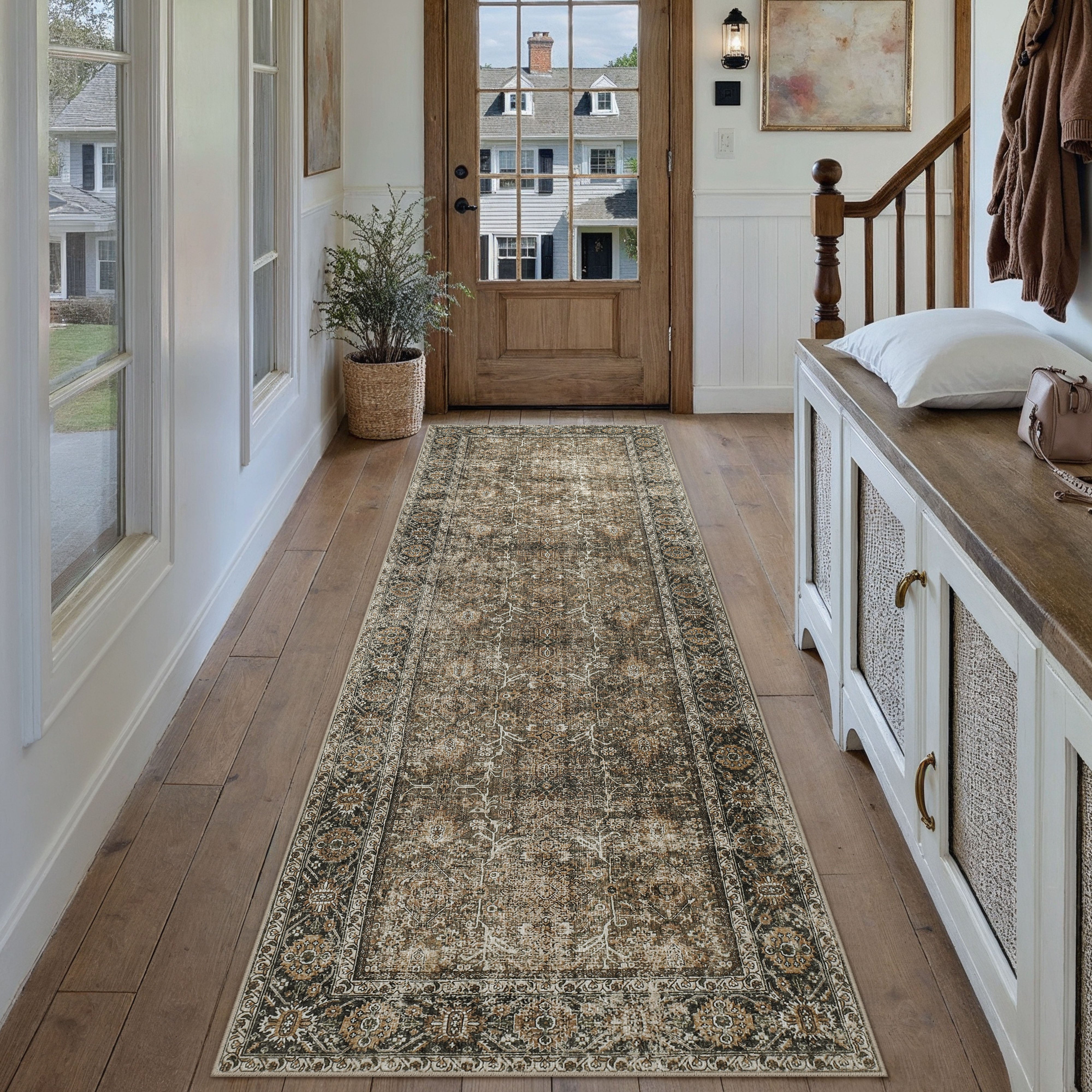 Selma Persian Vintage Brown Short Pile Distressed Washable Rug