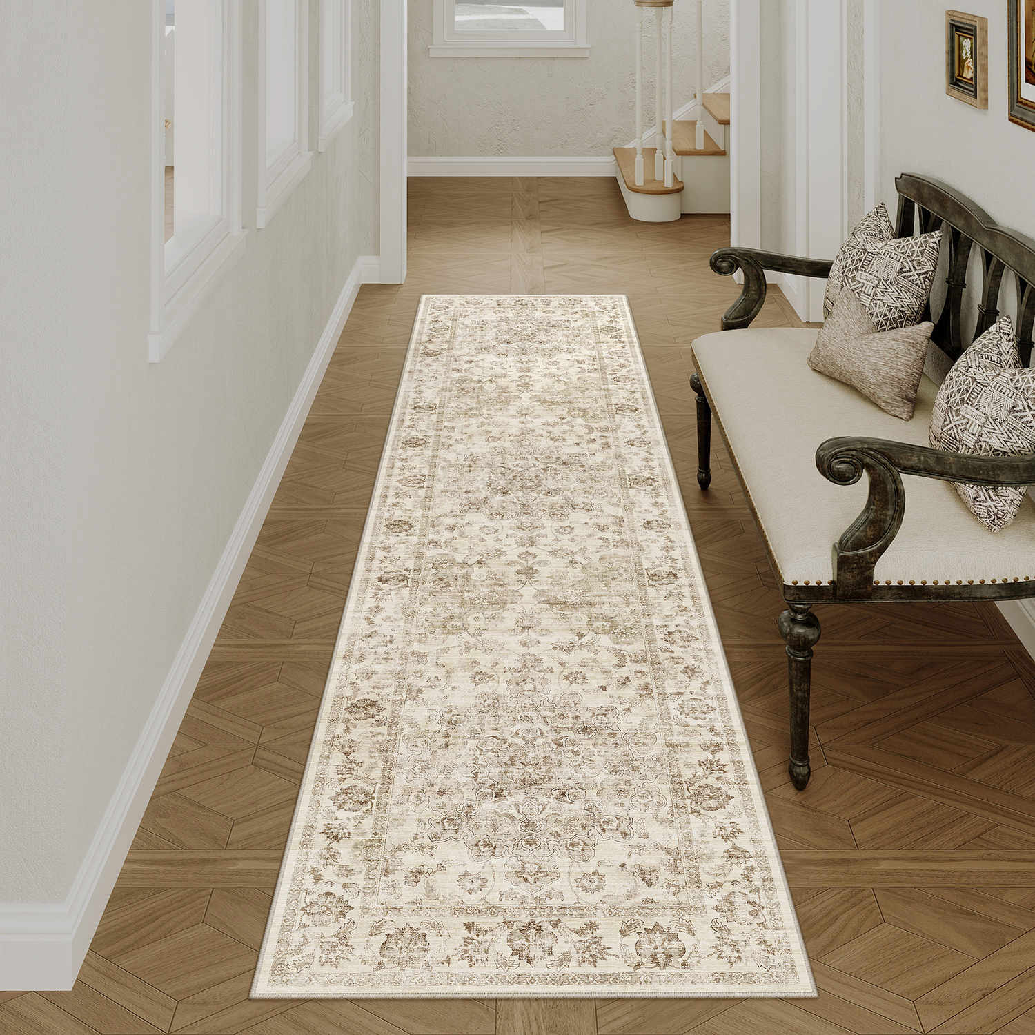 シノワズリ　モダン　VINTAGE　RUG　リバーシブル Juliet Vintage Floral Beige Short Pile Traditional Washable Rug