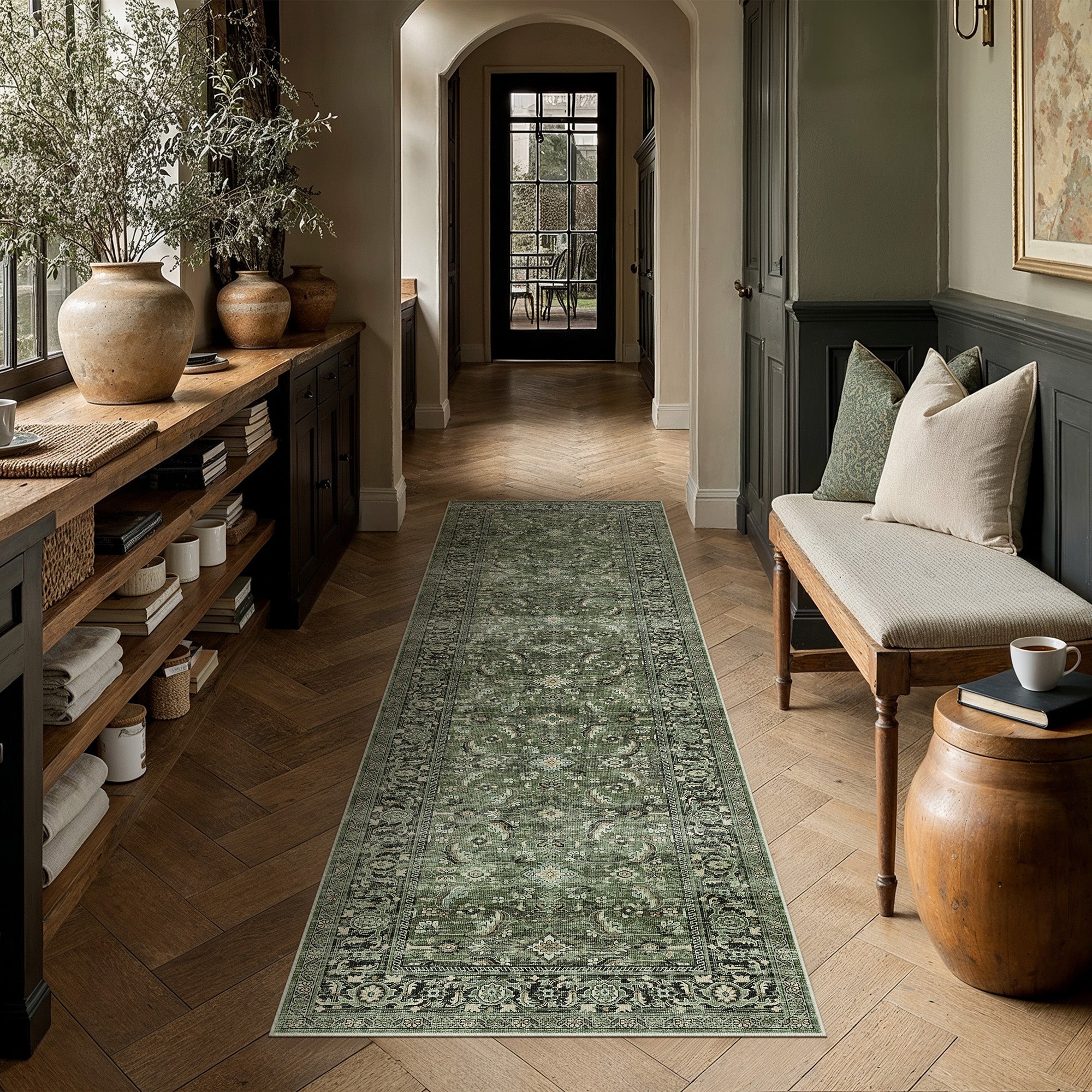 Amara Persian Vintage Green Short Pile Traditional Distressed