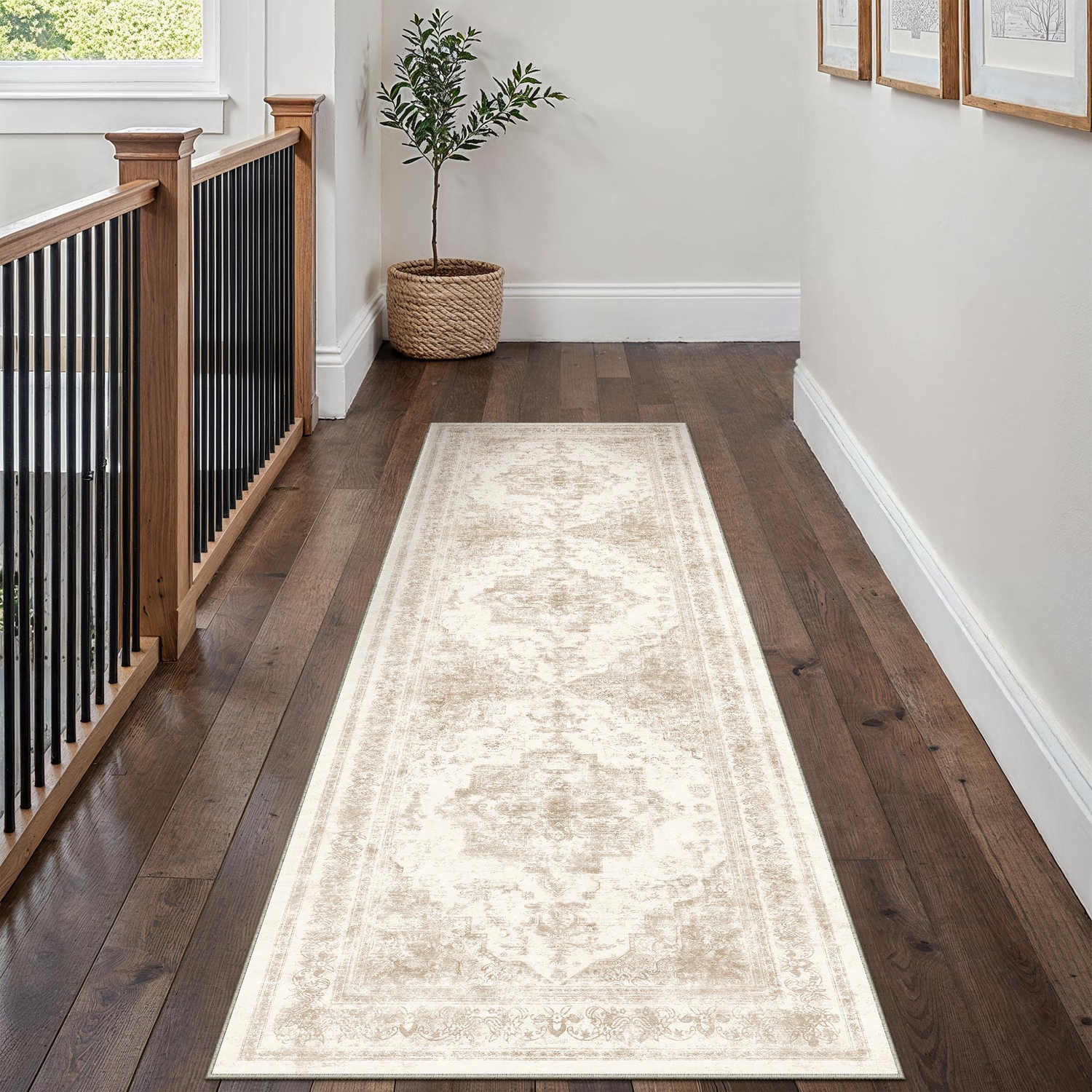 Nourah Vintage Persian Medallion Beige Distressed Washable Rug