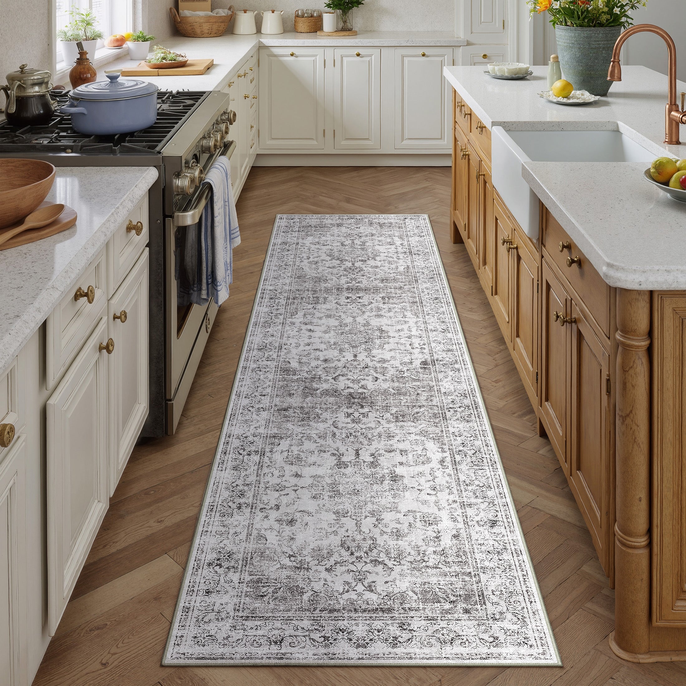 Velora Vintage Floral Gray Traditional Washable Rug – PureCozy