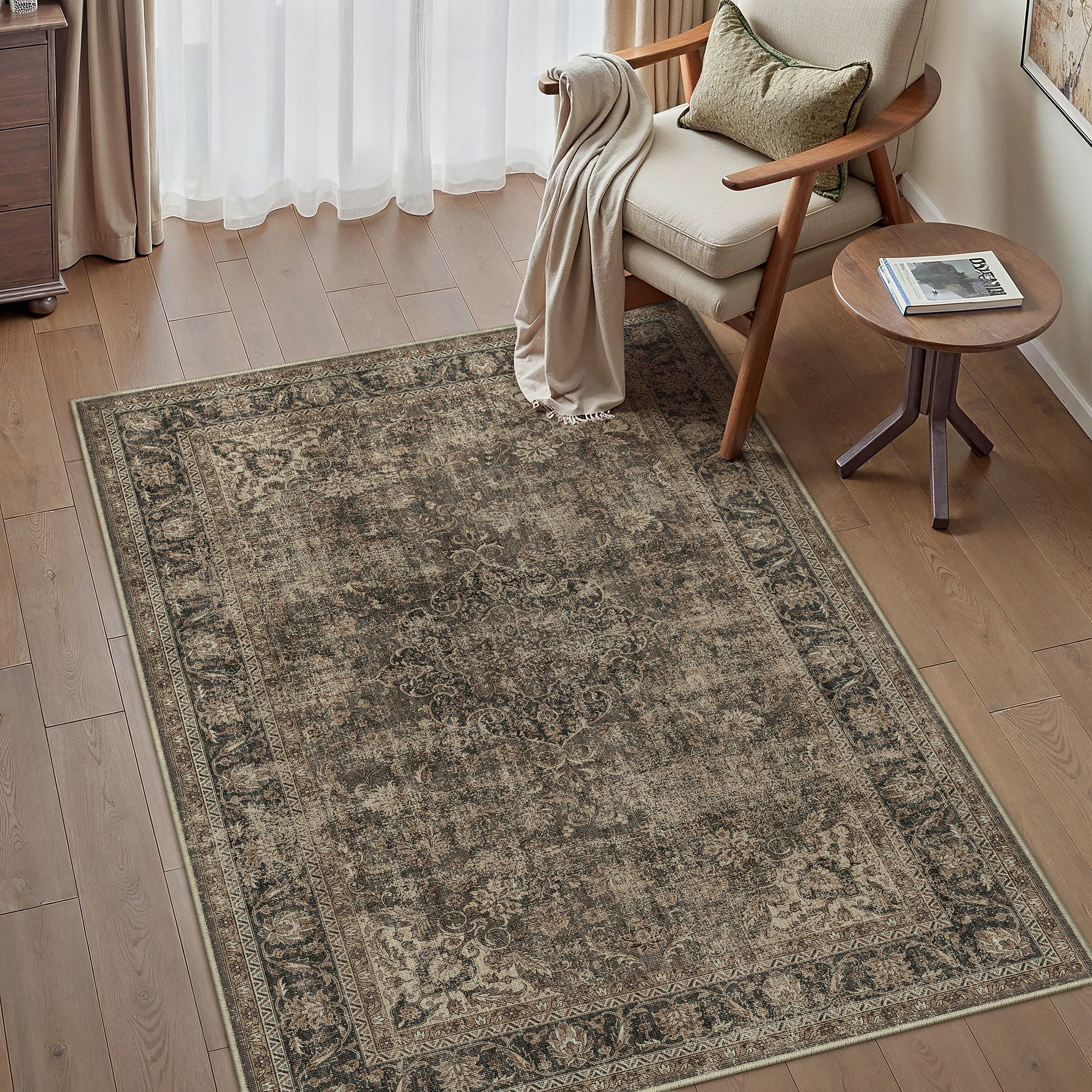 Aria Vintage Floral Brown Traditional Machine Washable Area Rug