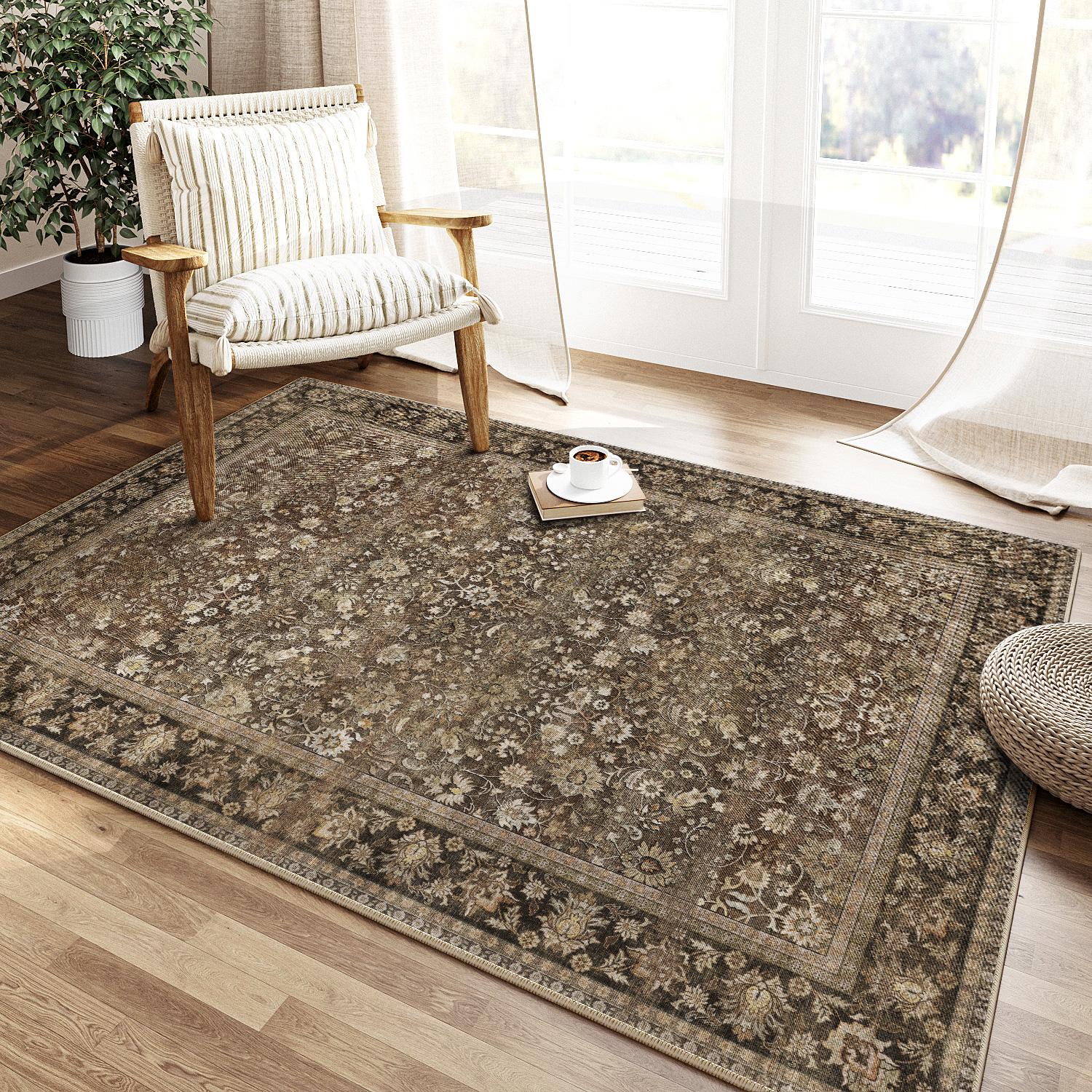 Thorned Garden Persian Vintage Brown Traditional Washable Rug
