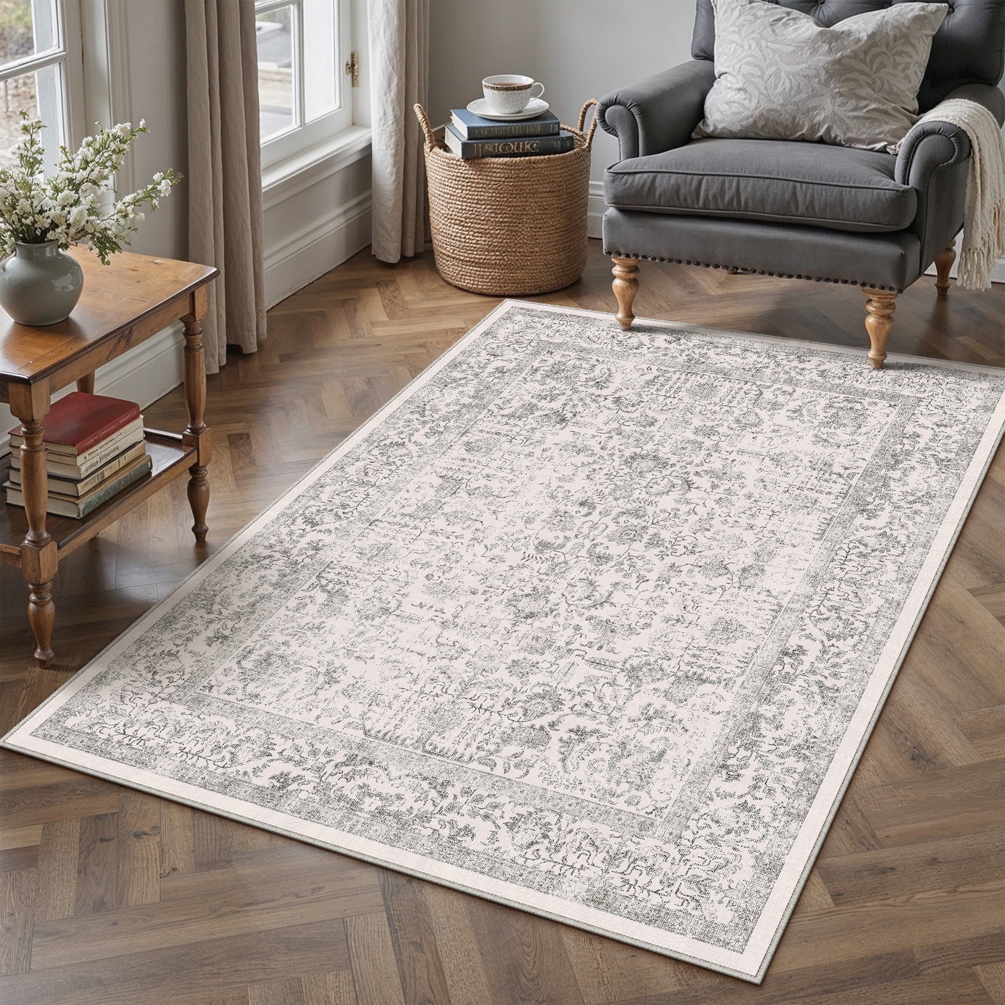 Sylva Vintage Persian Floral Gray Distressed Washable Rug – PureCozy
