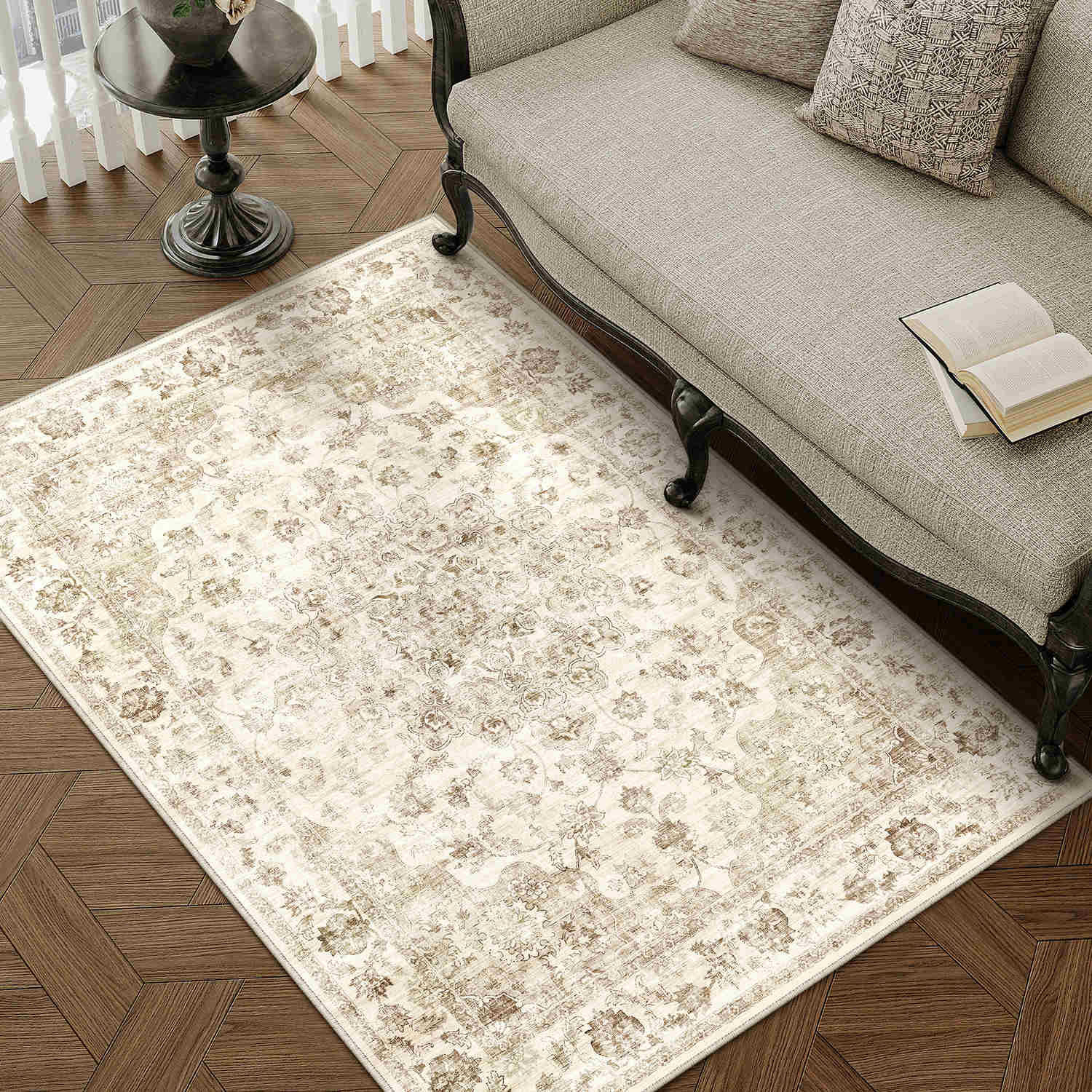 Juliet Vintage Floral Beige Short Pile Traditional Washable Rug
