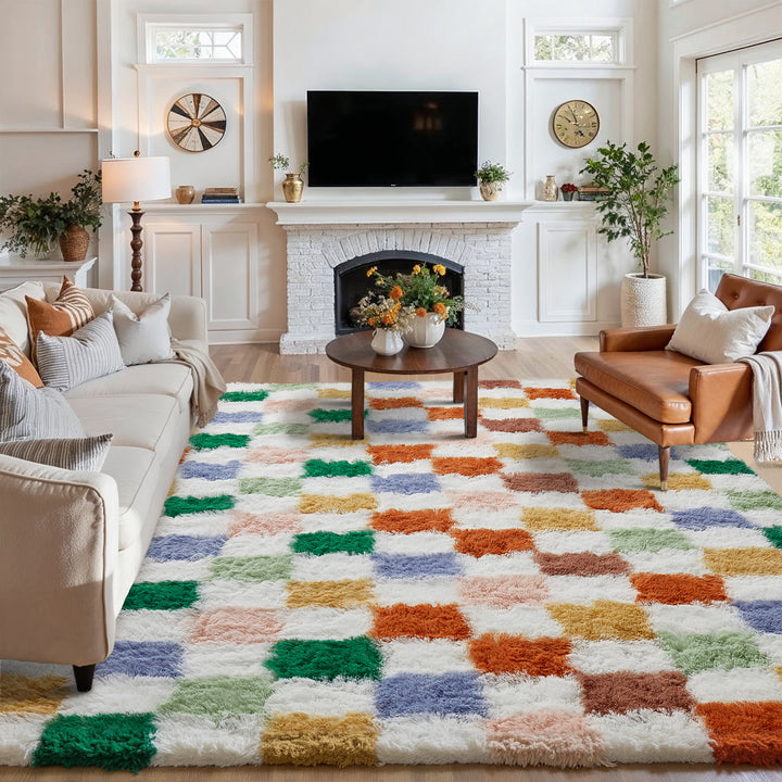 Checkered Colorful Shag Washable Area Rug