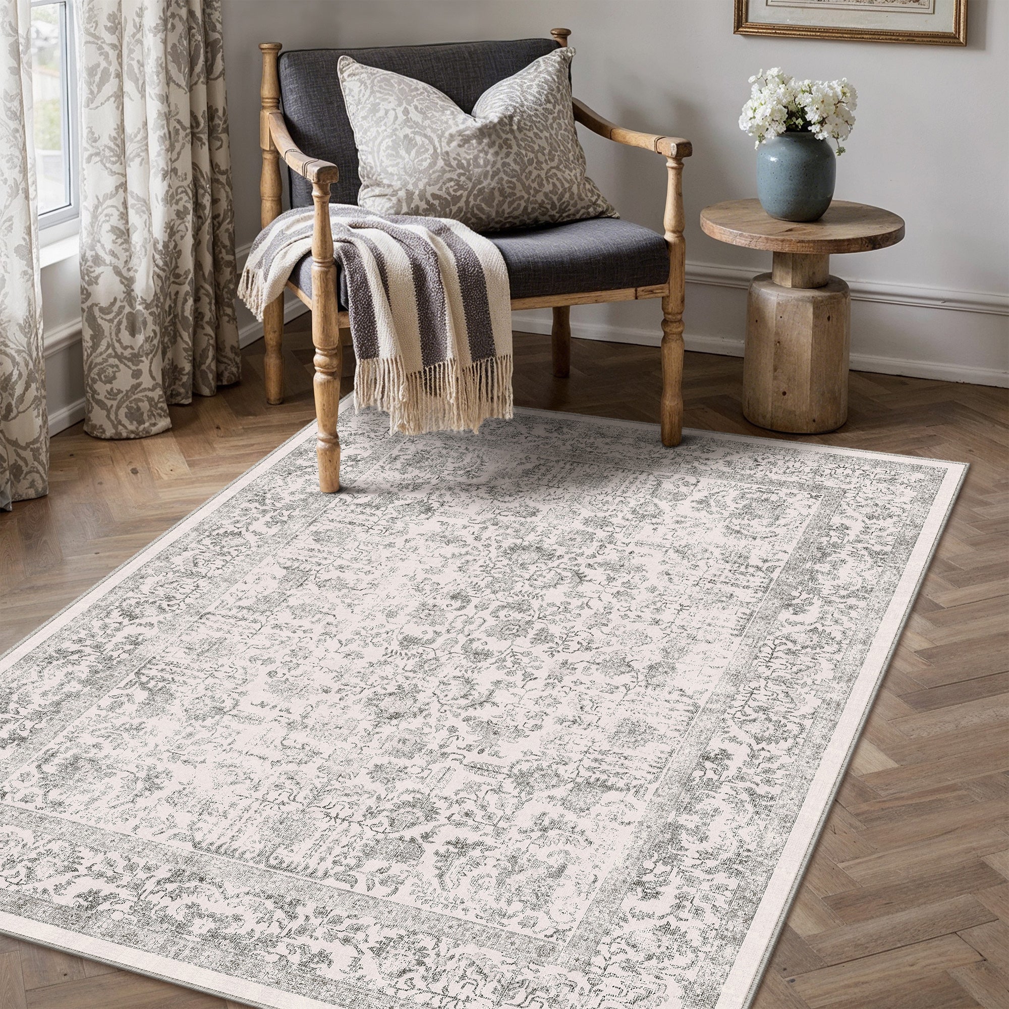Sylva Vintage Persian Floral Gray Distressed Washable Rug – PureCozy
