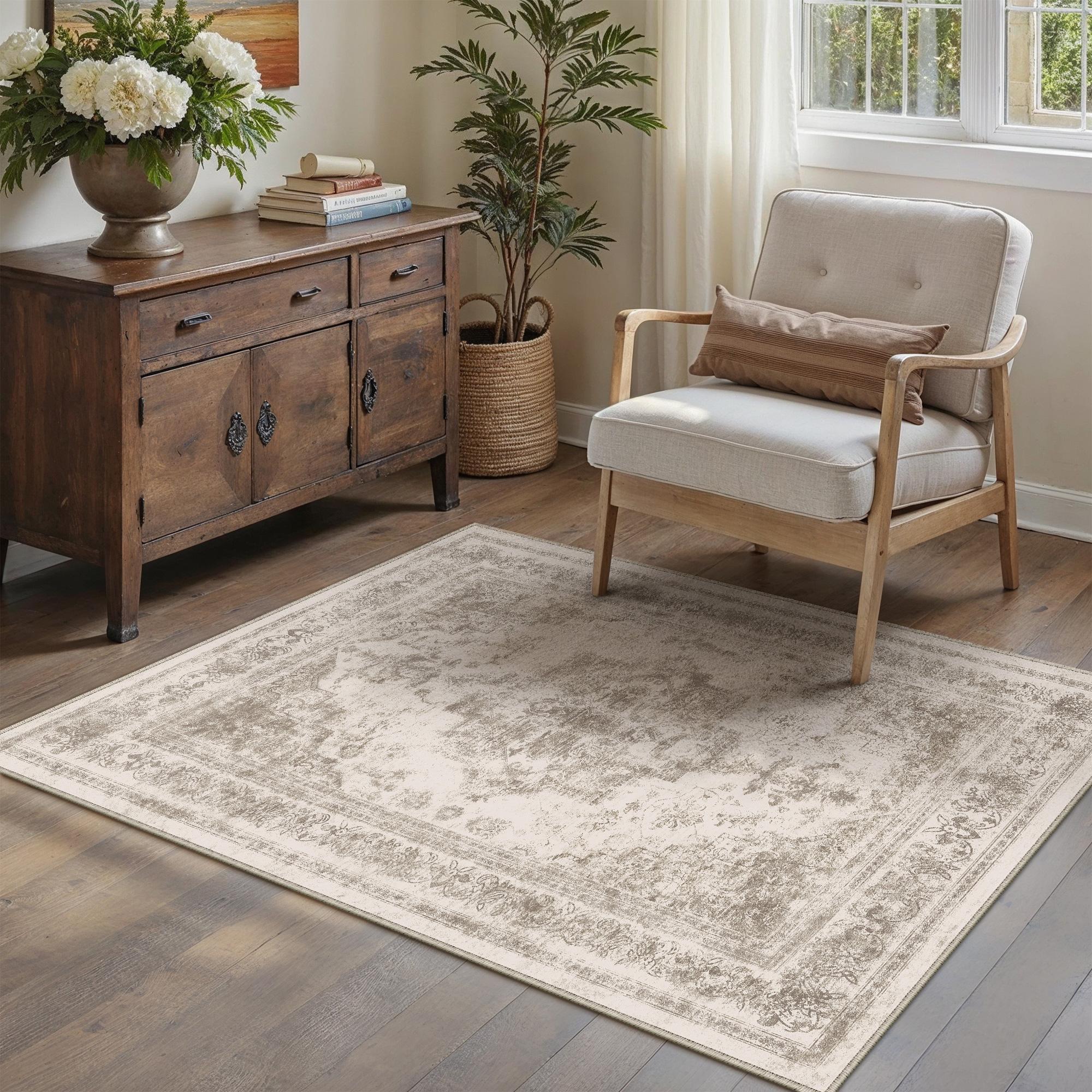 Nourah Vintage Persian Medallion Taupe Distressed Washable Rug