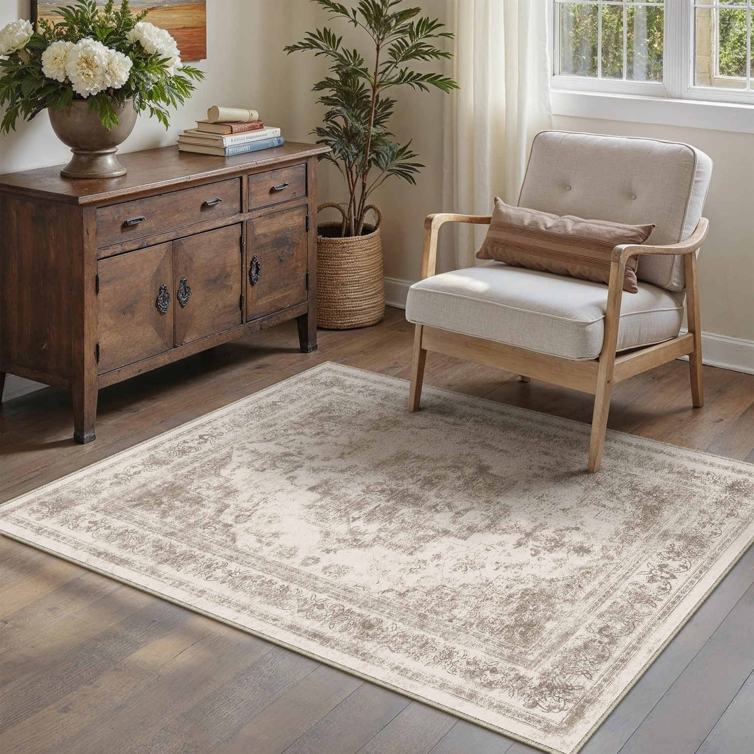 Nourah Vintage Persian Medallion Taupe Distressed Washable Rug