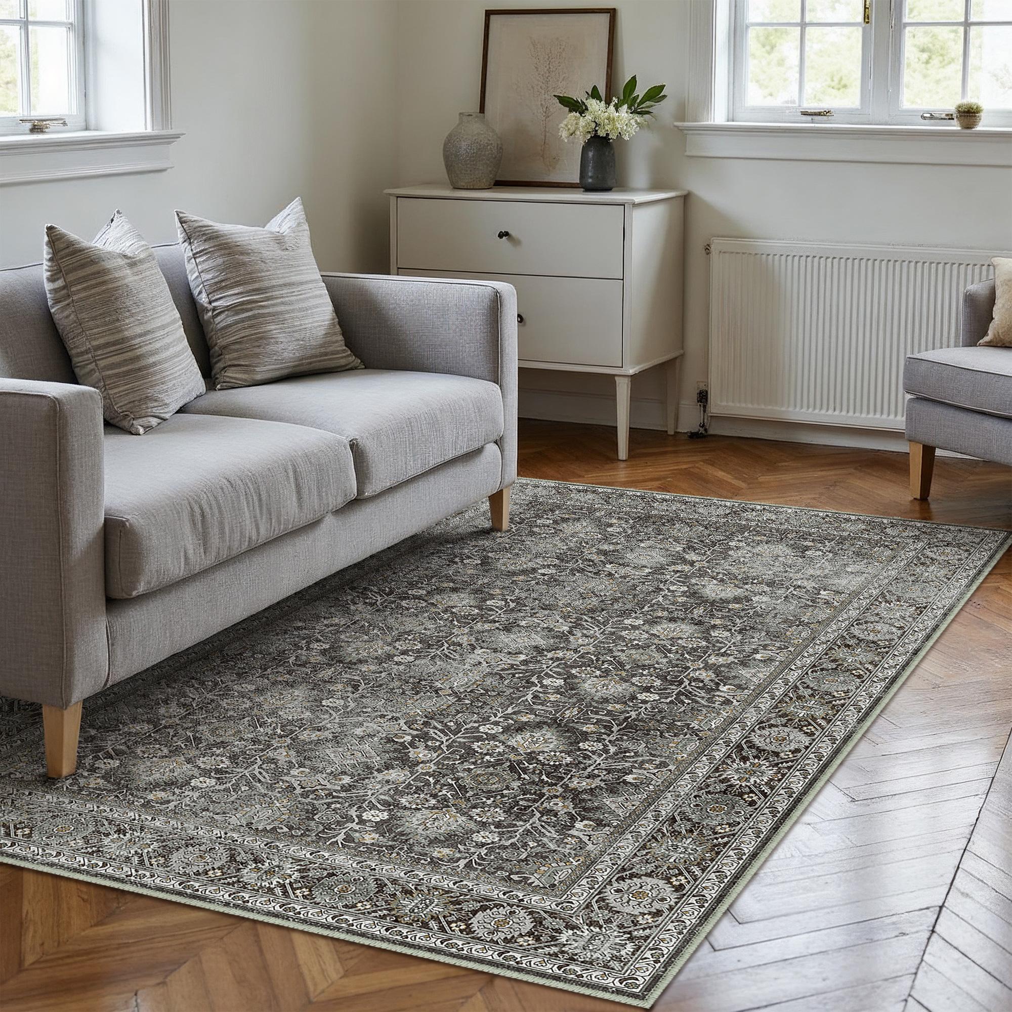 Selma Persian Vintage Black Short Pile Distressed Washable Rug