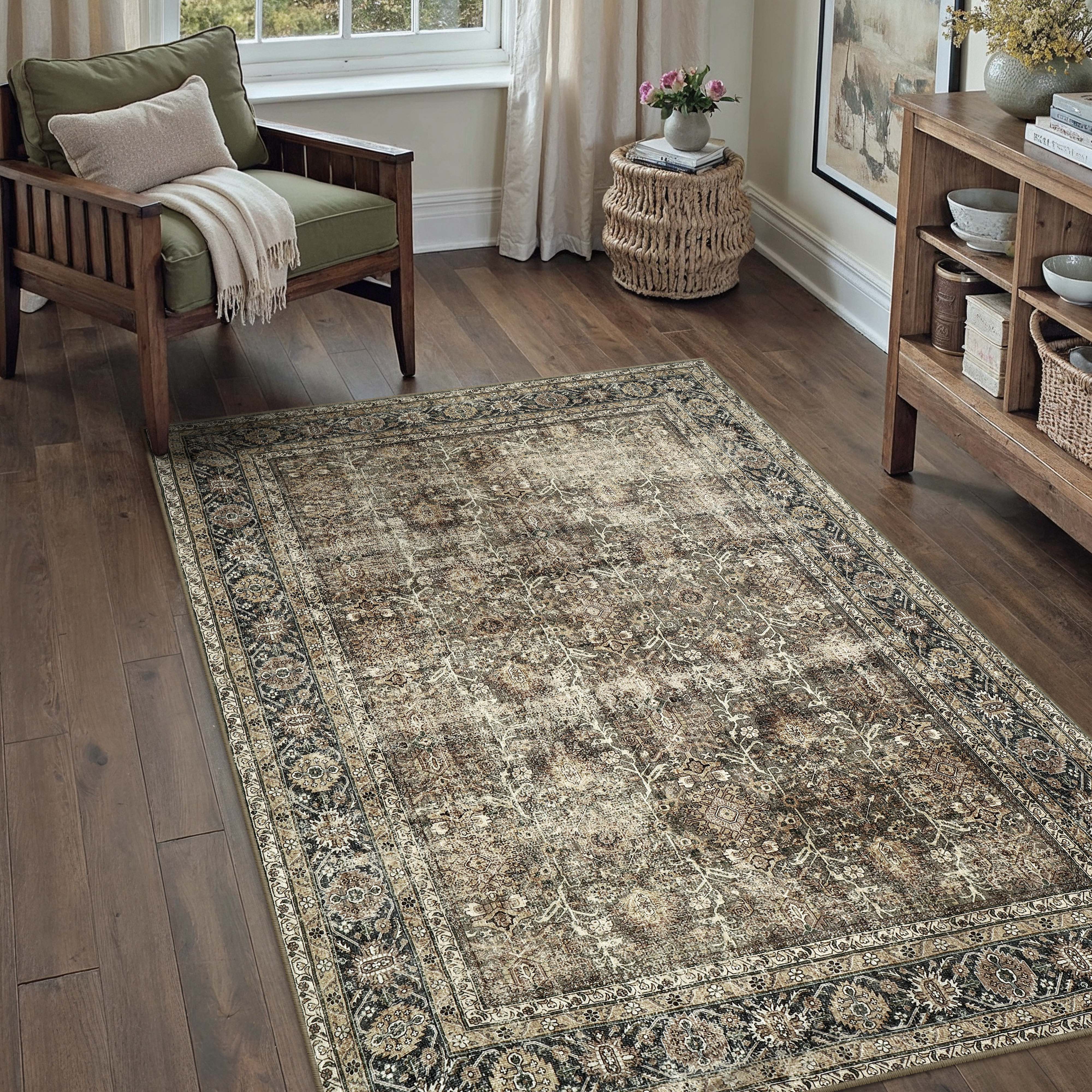 Selma Persian Vintage Brown Short Pile Distressed Washable Rug