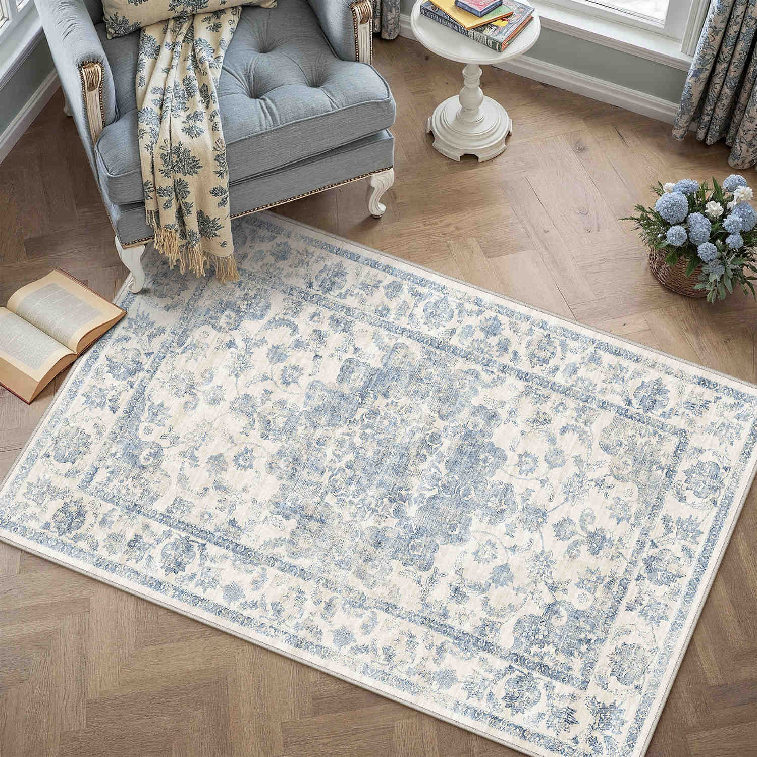 Juliet Vintage Floral Blue Short Pile Traditional Washable Rug