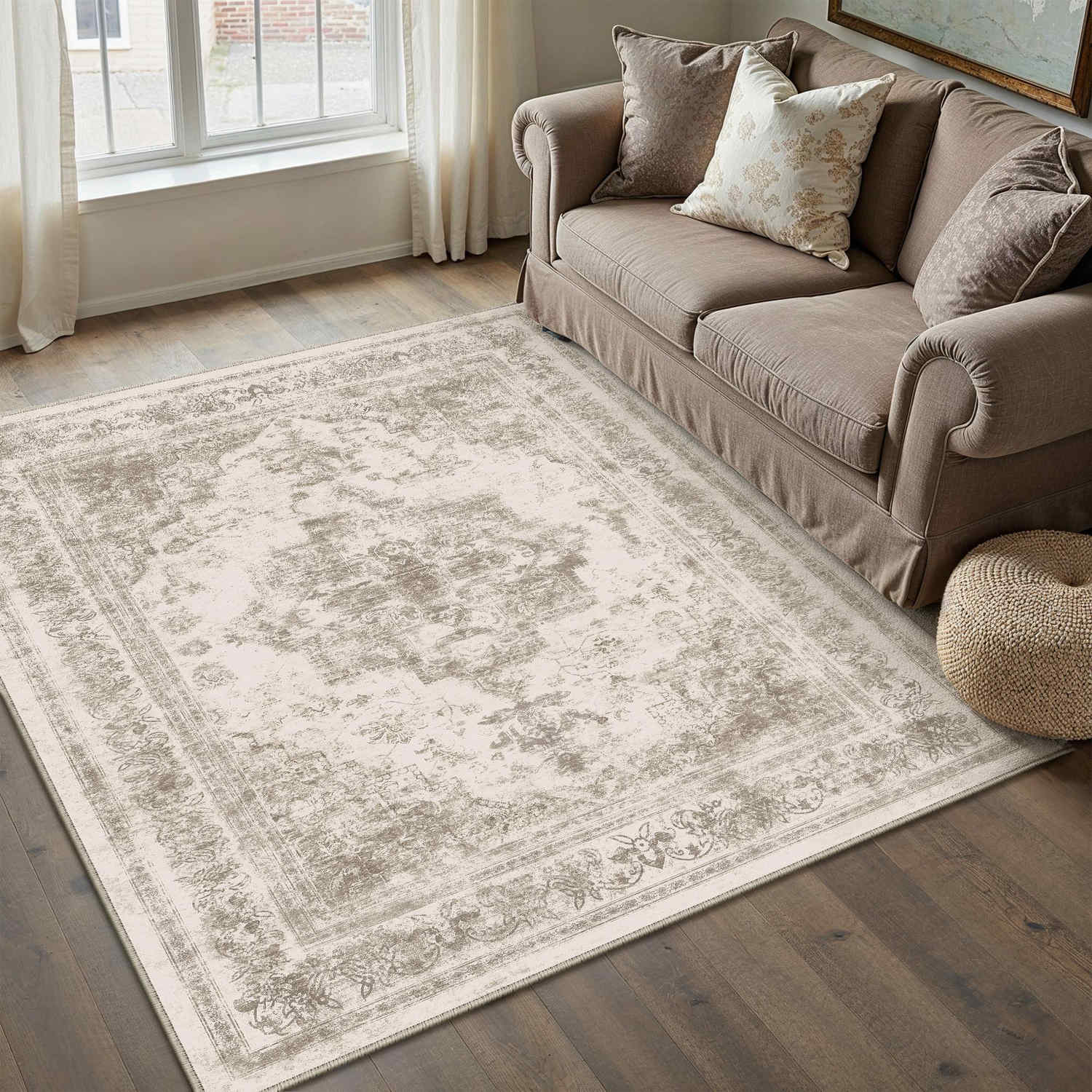 Nourah Vintage Persian Medallion Taupe Distressed Washable Rug