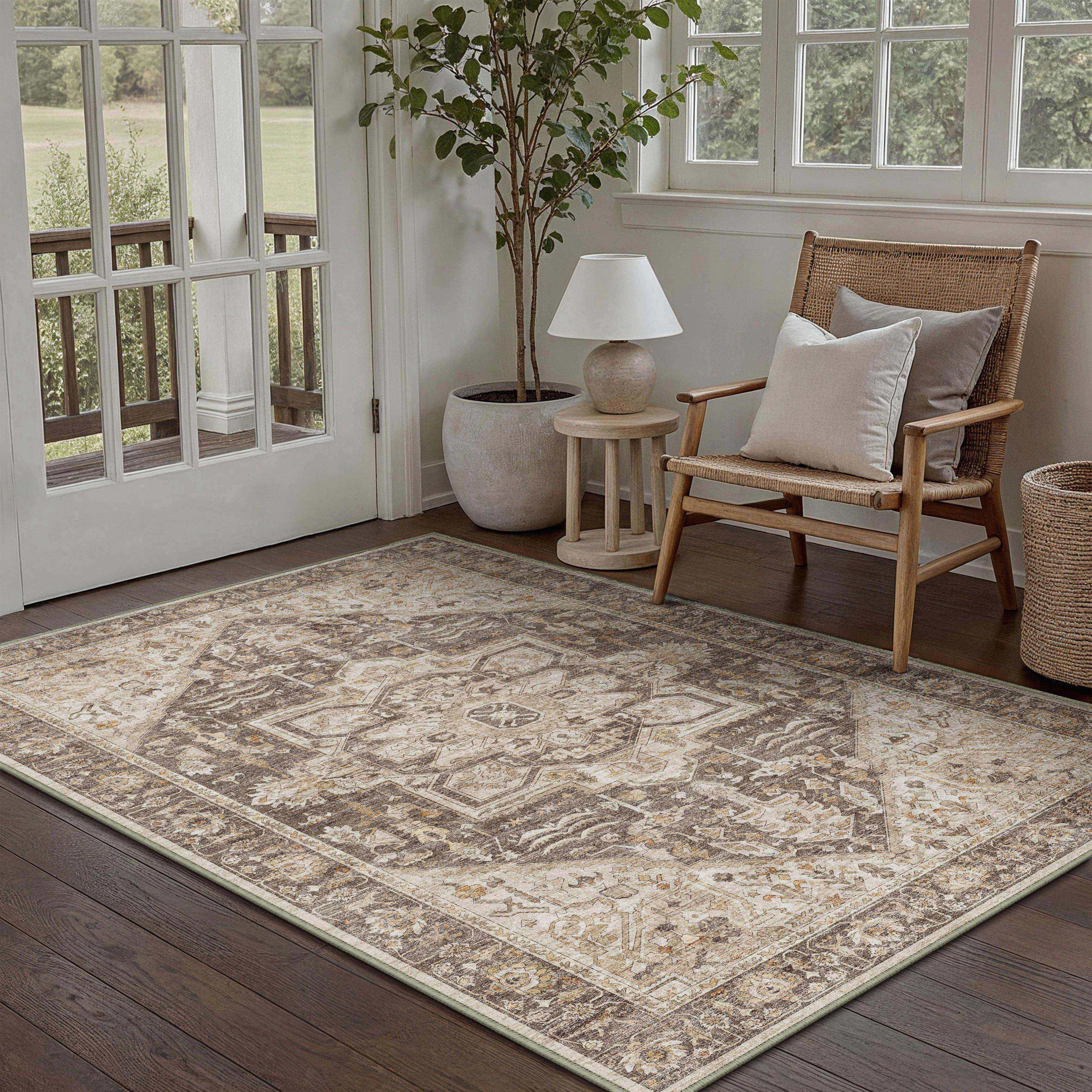 Mandala Persian Retro Medallion Brown Short Pile Washable Rug