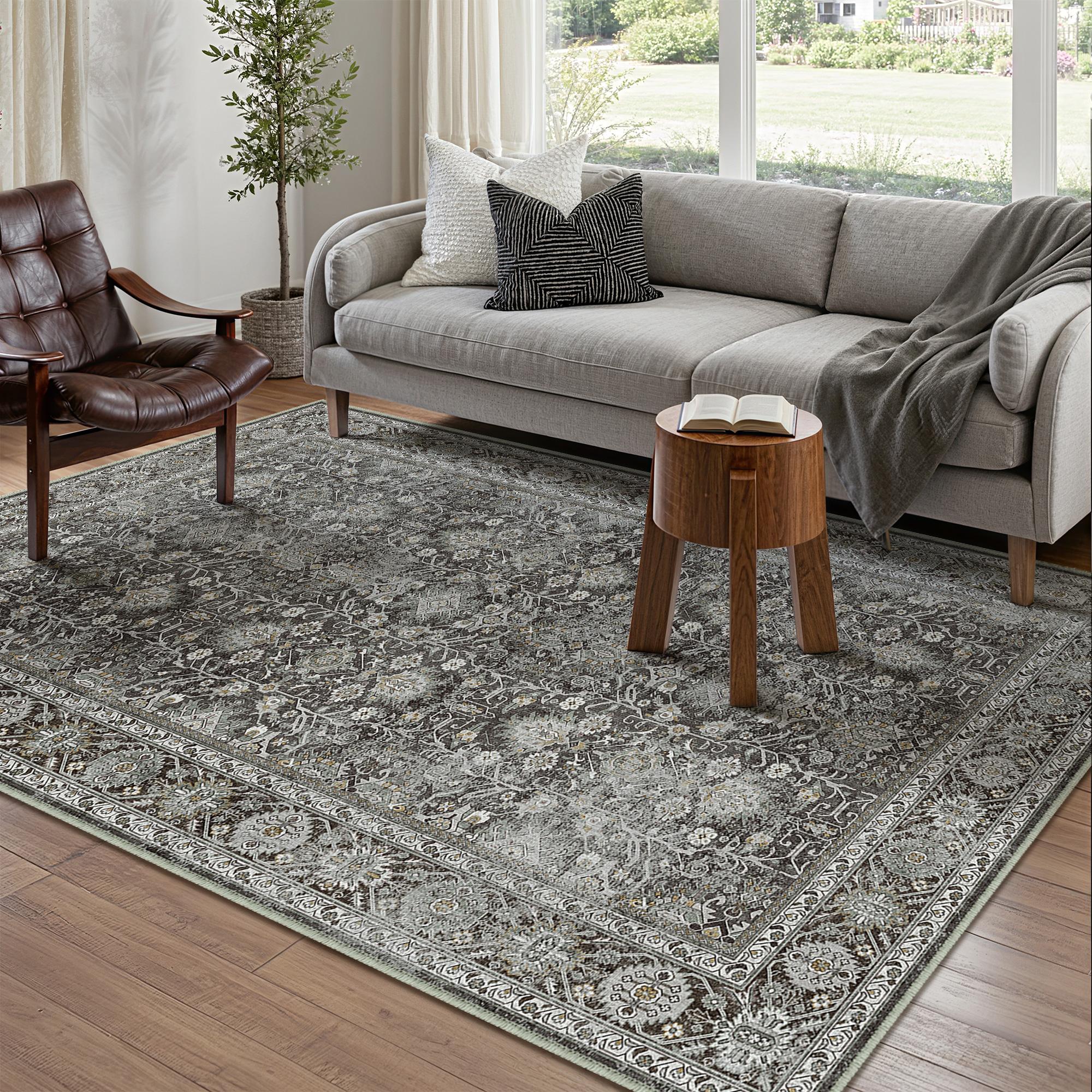 Selma Persian Vintage Black Short Pile Distressed Washable Rug