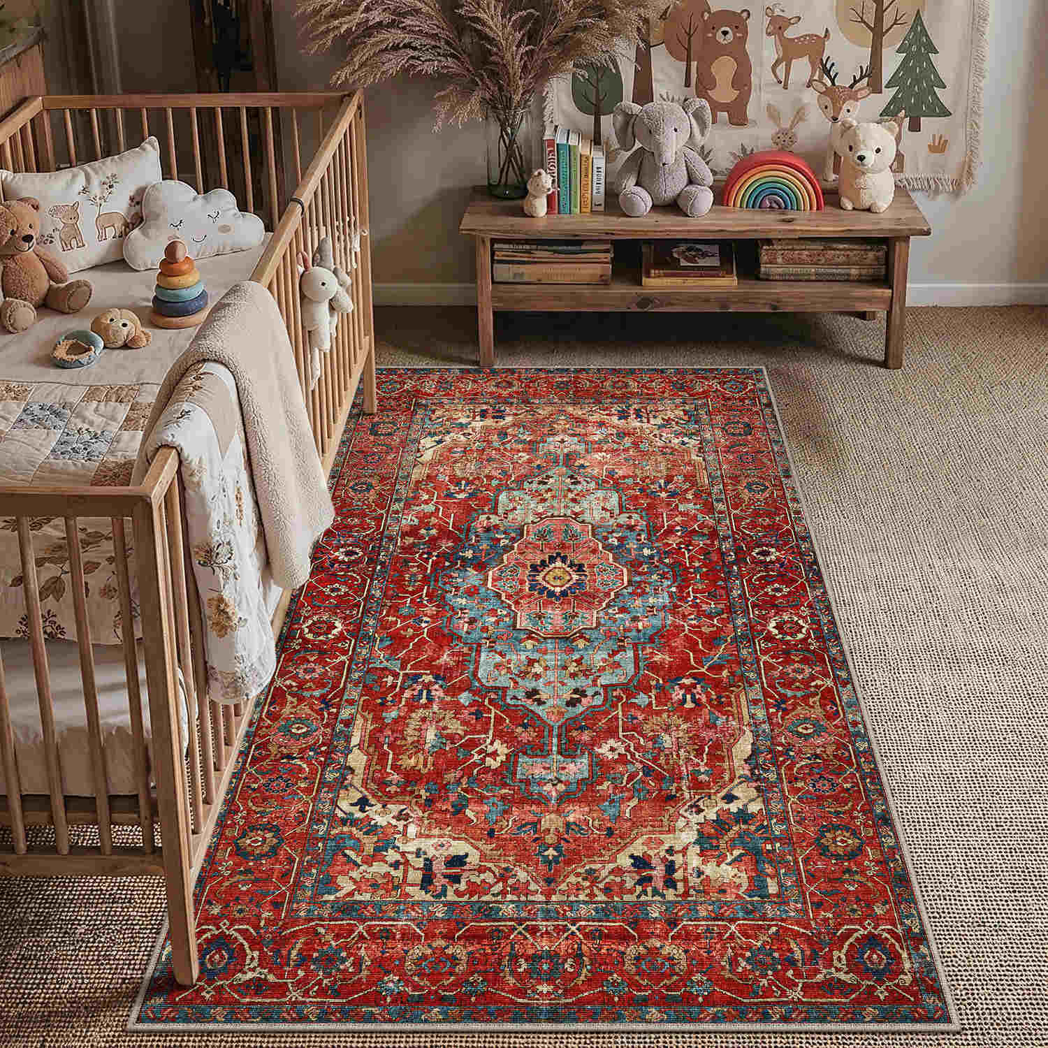 Nicola Vintage Persian Medallion Red Short Pile Washable Rug