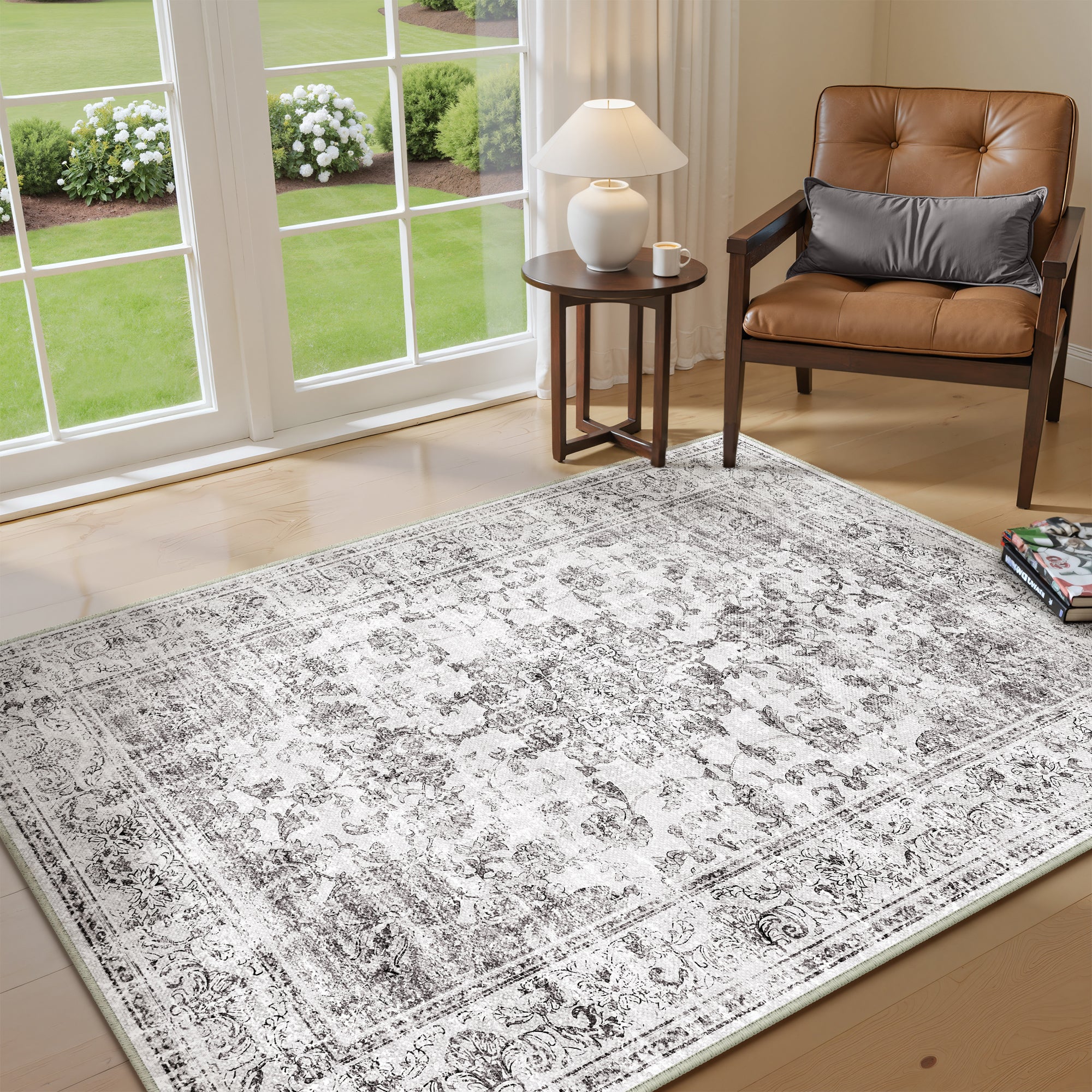Velora Vintage Floral Gray Traditional Washable Rug – PureCozy