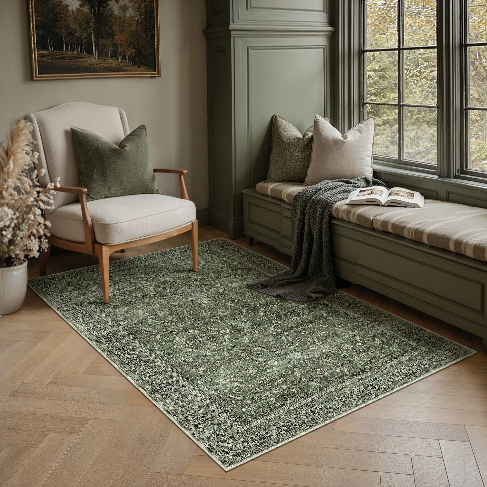 Amara Persian Vintage Green Short Pile Traditional Distressed