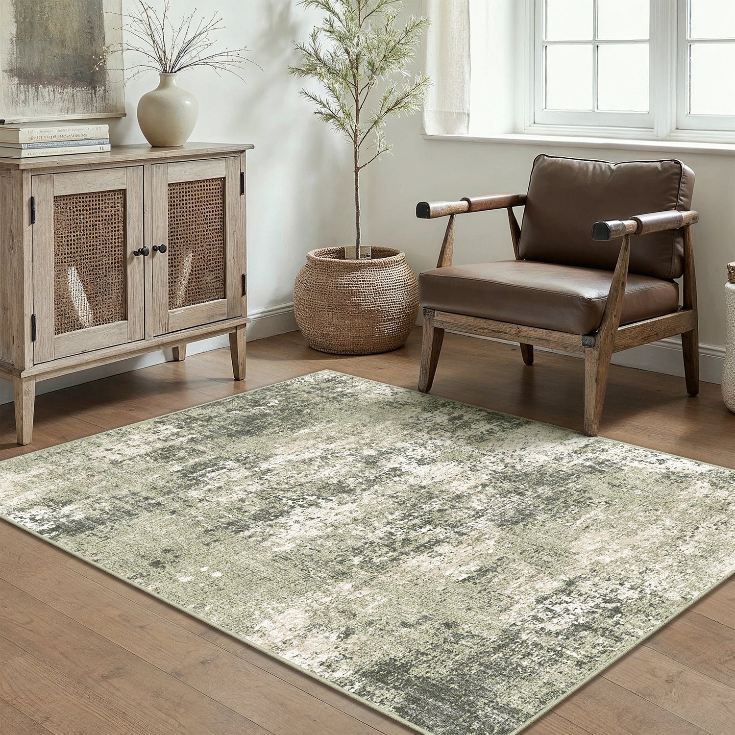 Misty Modern Abstract Green Machine Washable Rug – PureCozy