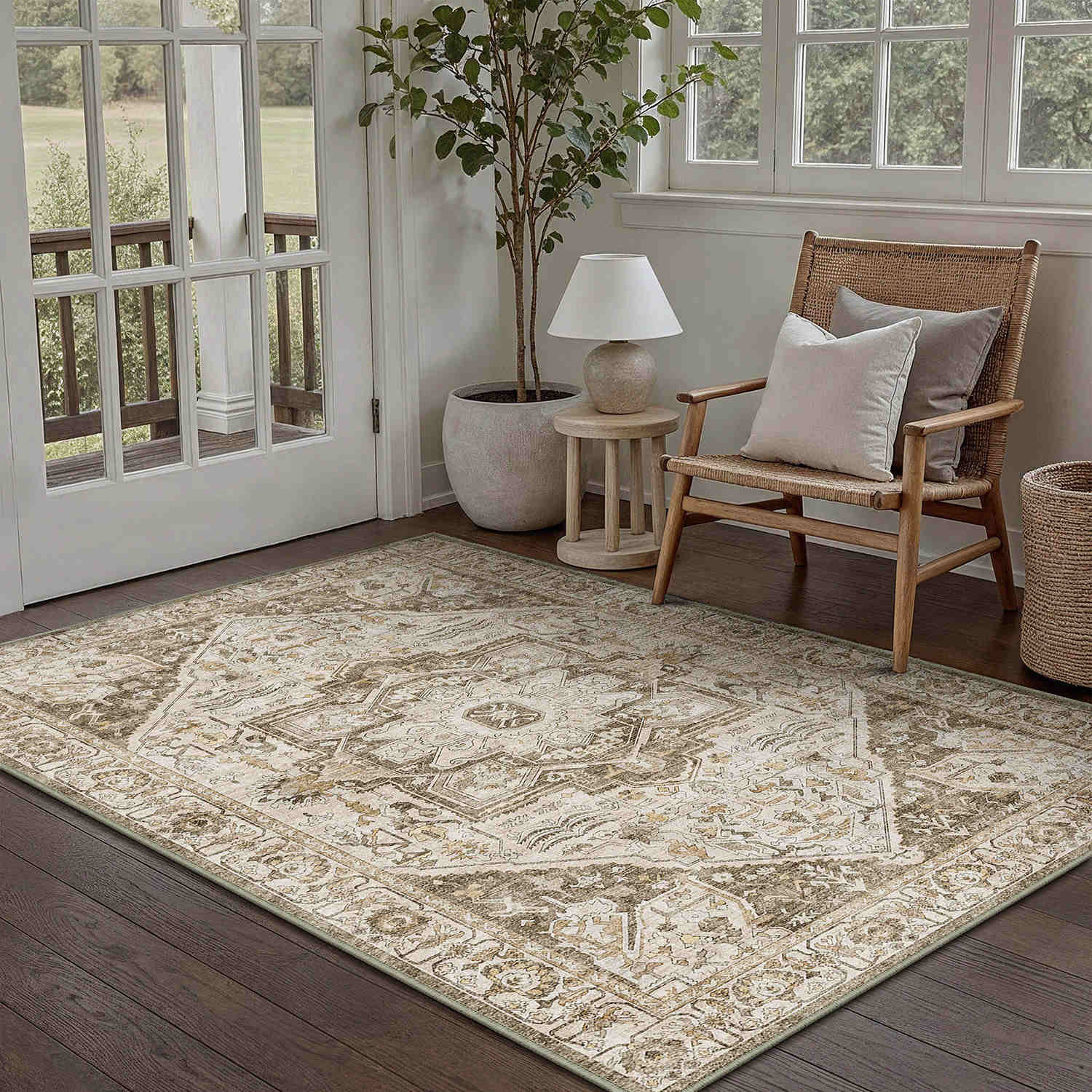 Mandala Persian Retro Medallion Brown Short Pile Washable Rug