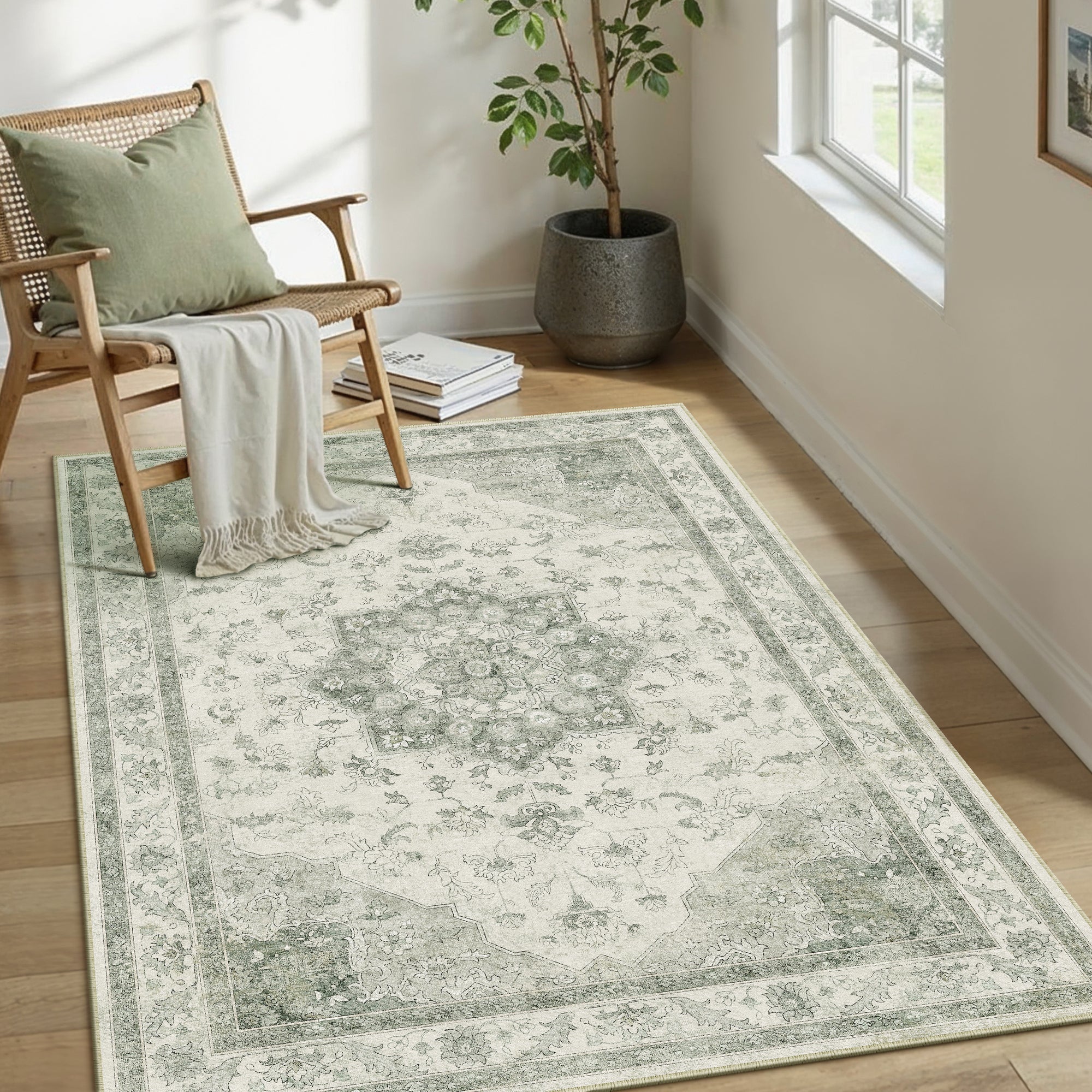Sunburst Vintage Floral Green Traditional Machine Washable Area