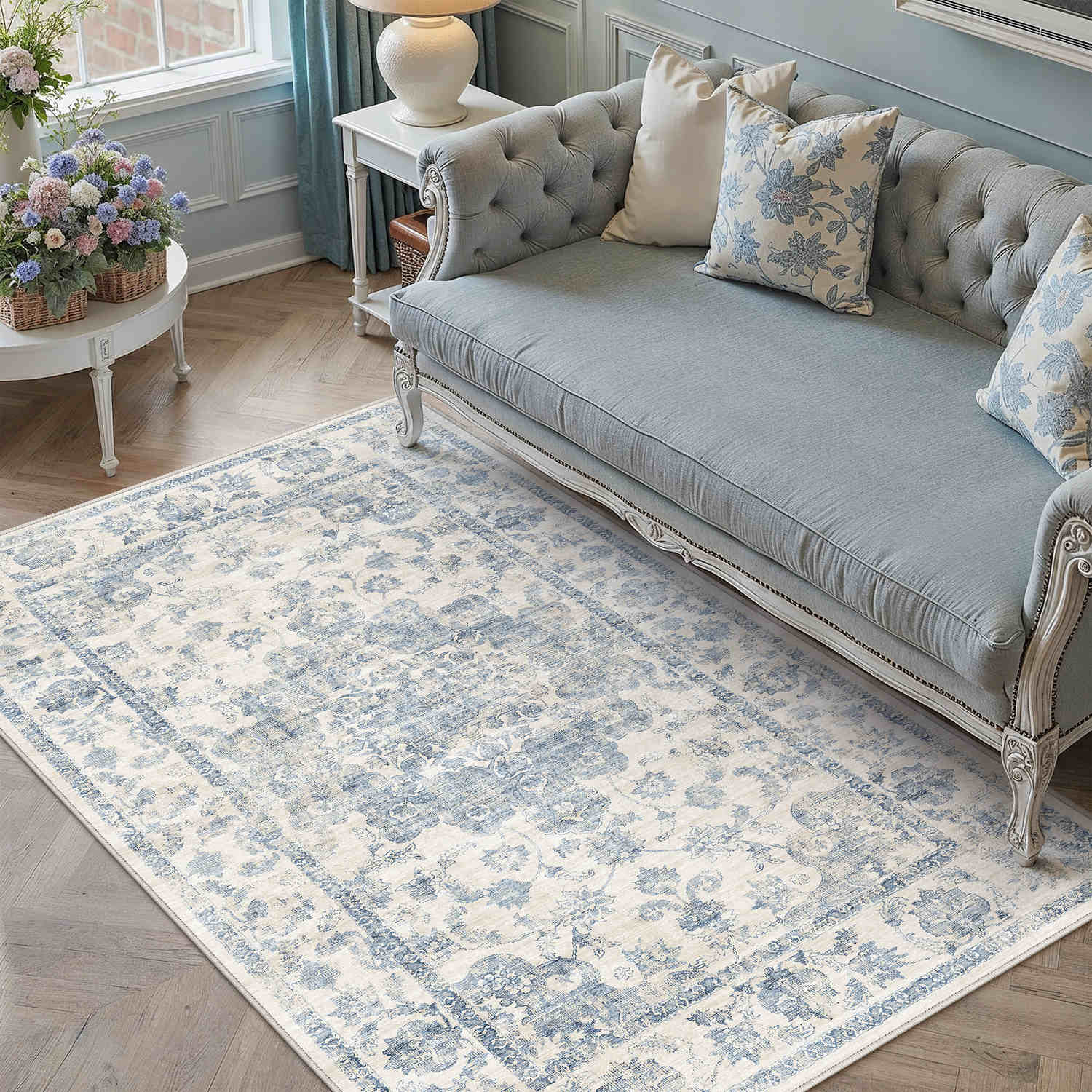 Juliet Vintage Floral Blue Short Pile Traditional Washable Rug