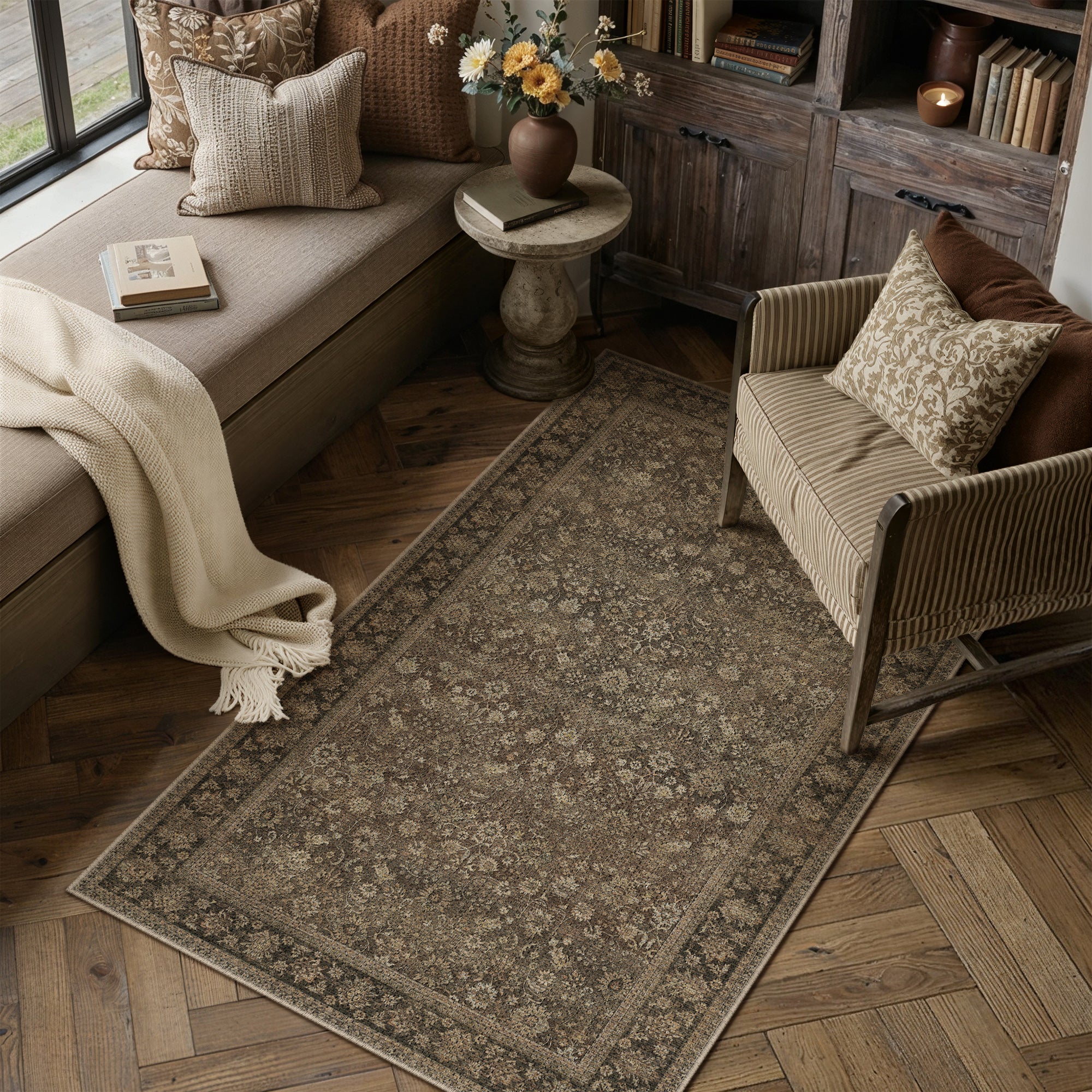Thorned Garden Persian Vintage Brown Traditional Washable Rug