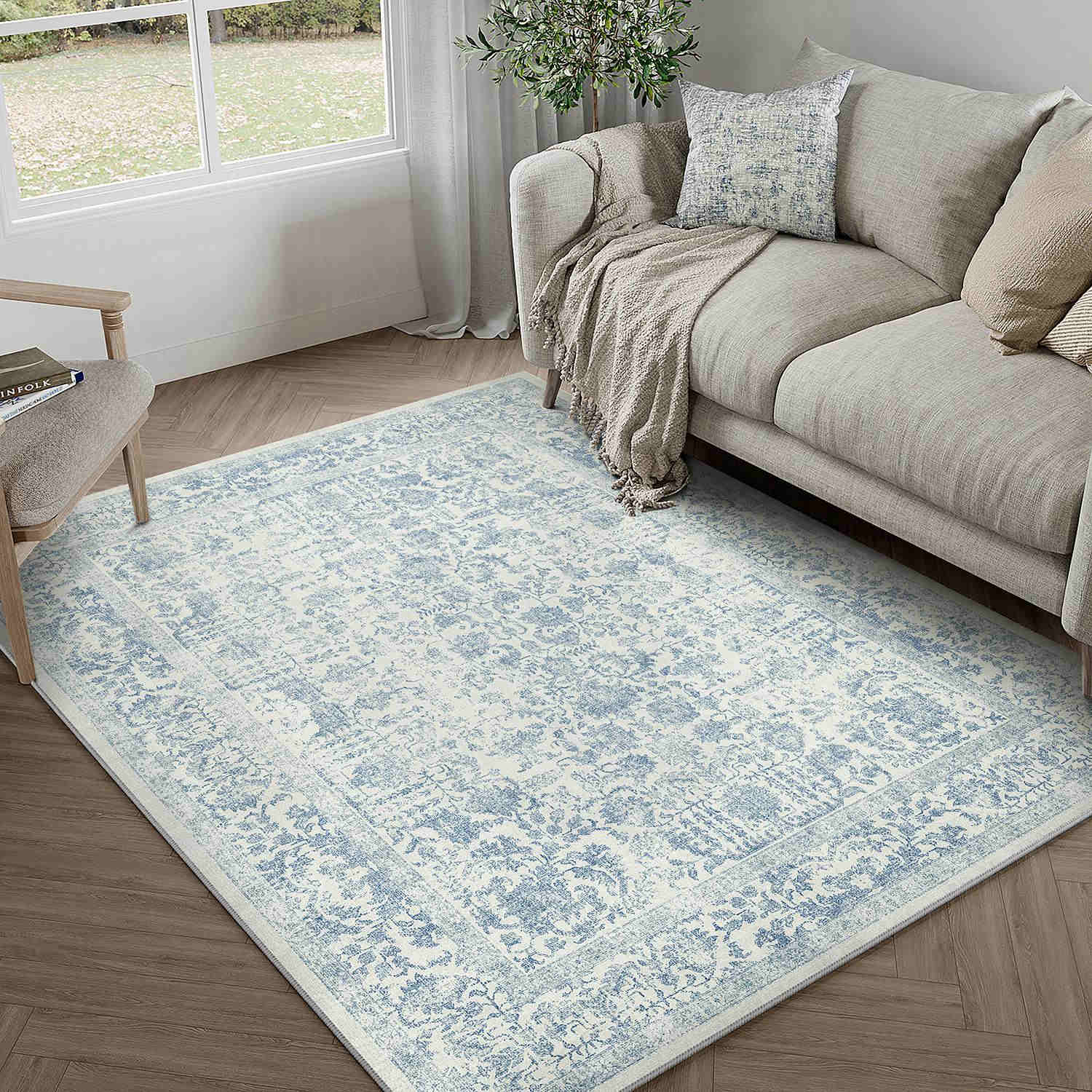 Sylva Vintage Persian Floral Blue Distressed Washable Rug – PureCozy