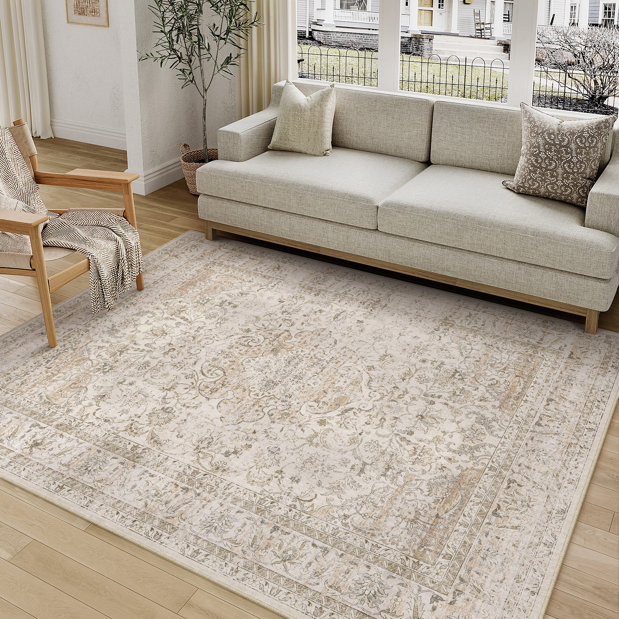 Aria Vintage Floral Beige Traditional Machine Washable Area Rug