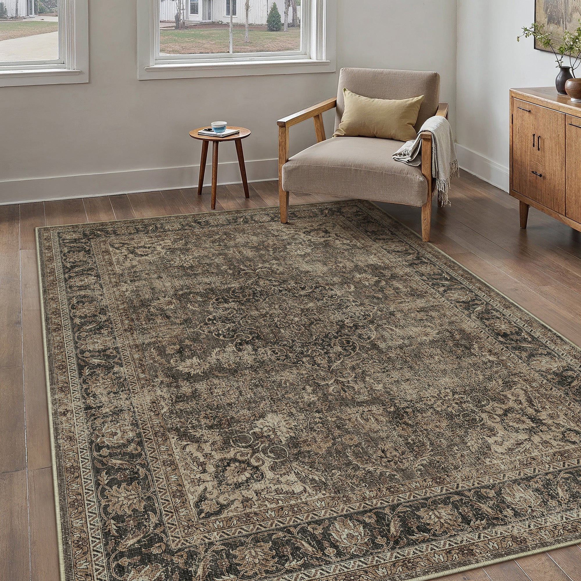 Aria Vintage Floral Brown Traditional Machine Washable Area Rug