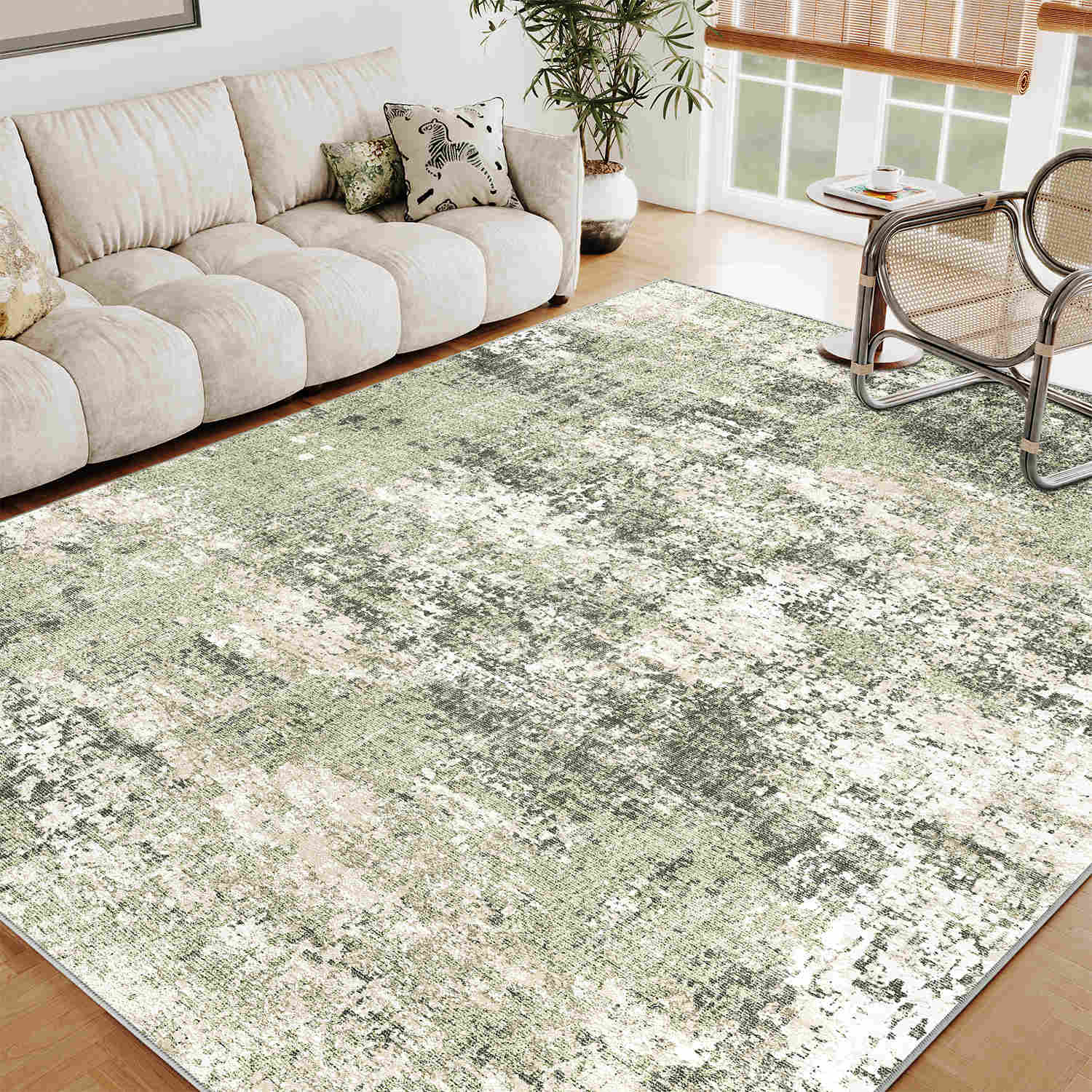 Misty Modern Abstract Green Machine Washable Rug – PureCozy