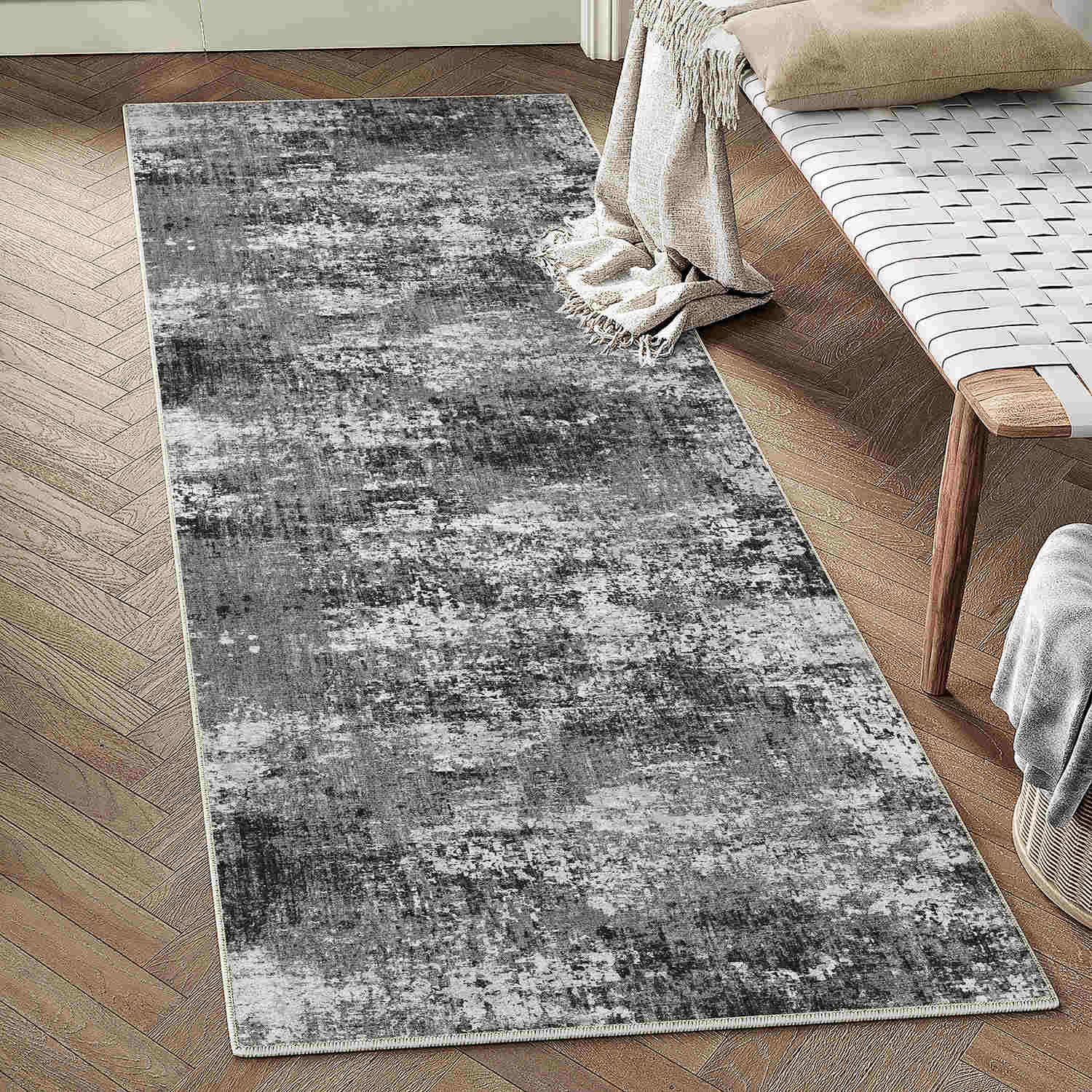 Misty Modern Abstract Black Machine Washable Rug – PureCozy
