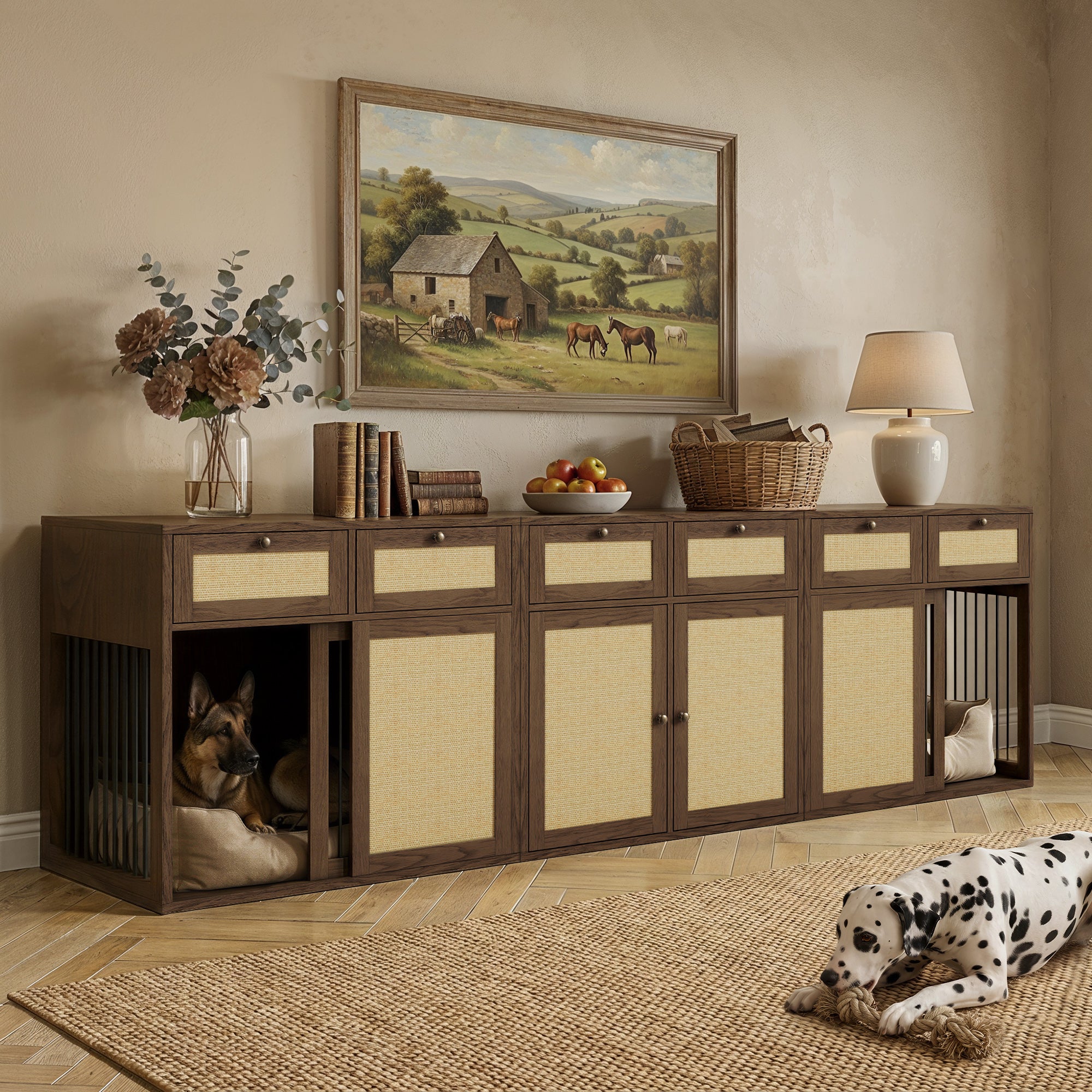 PureCozy Wooden Furniture Style Two Dog Crate + Storage Cabinet Combo