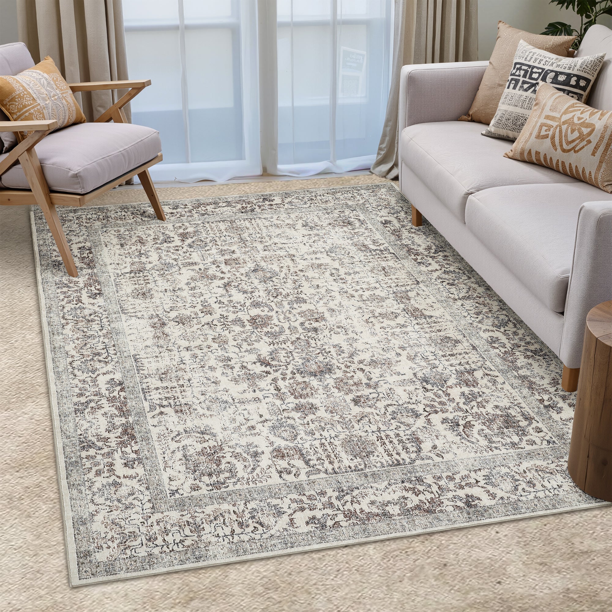 Sylva Vintage Persian Floral Taupe Distressed Washable Rug – PureCozy
