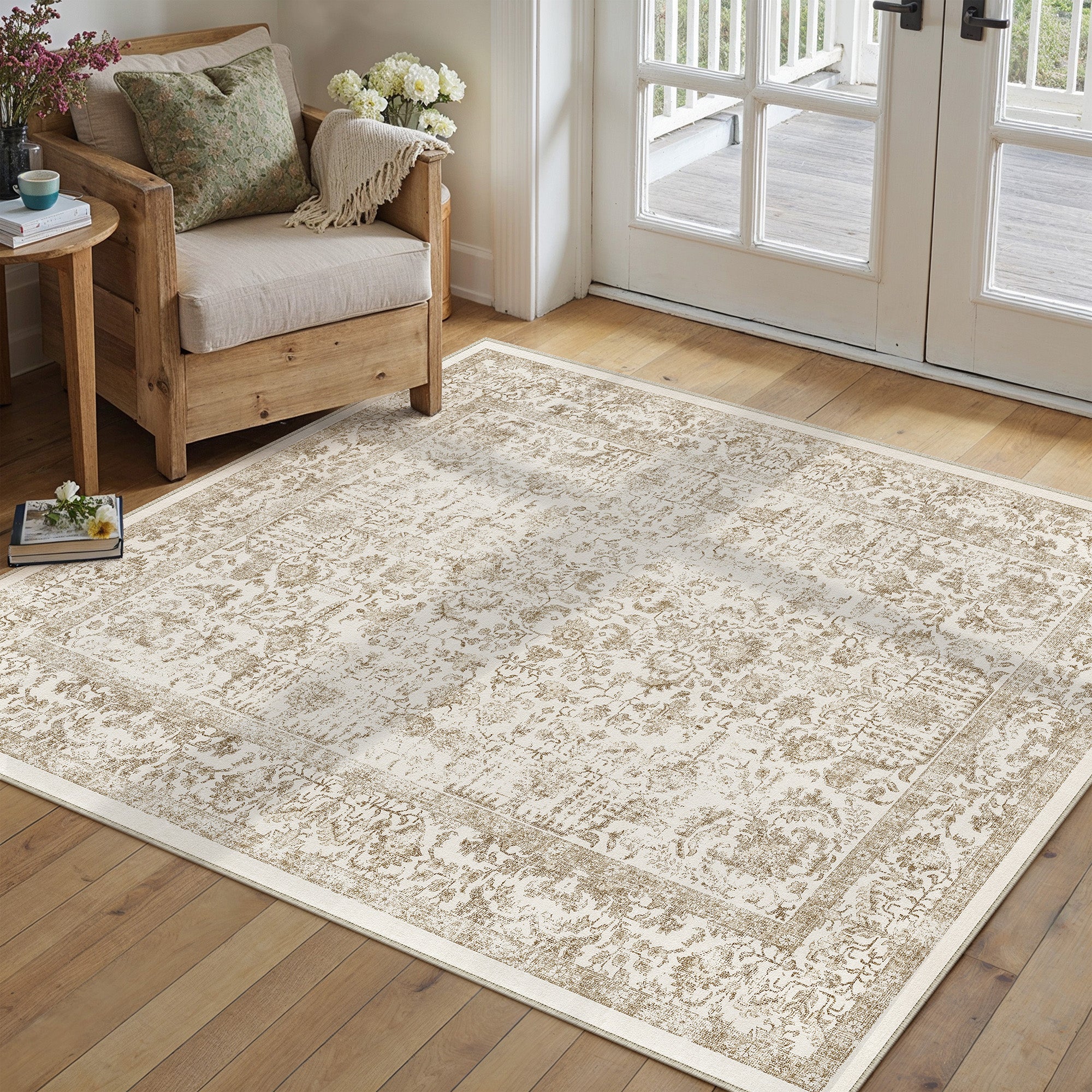 Sylva Vintage Persian Floral Light Brown Distressed Washable Rug
